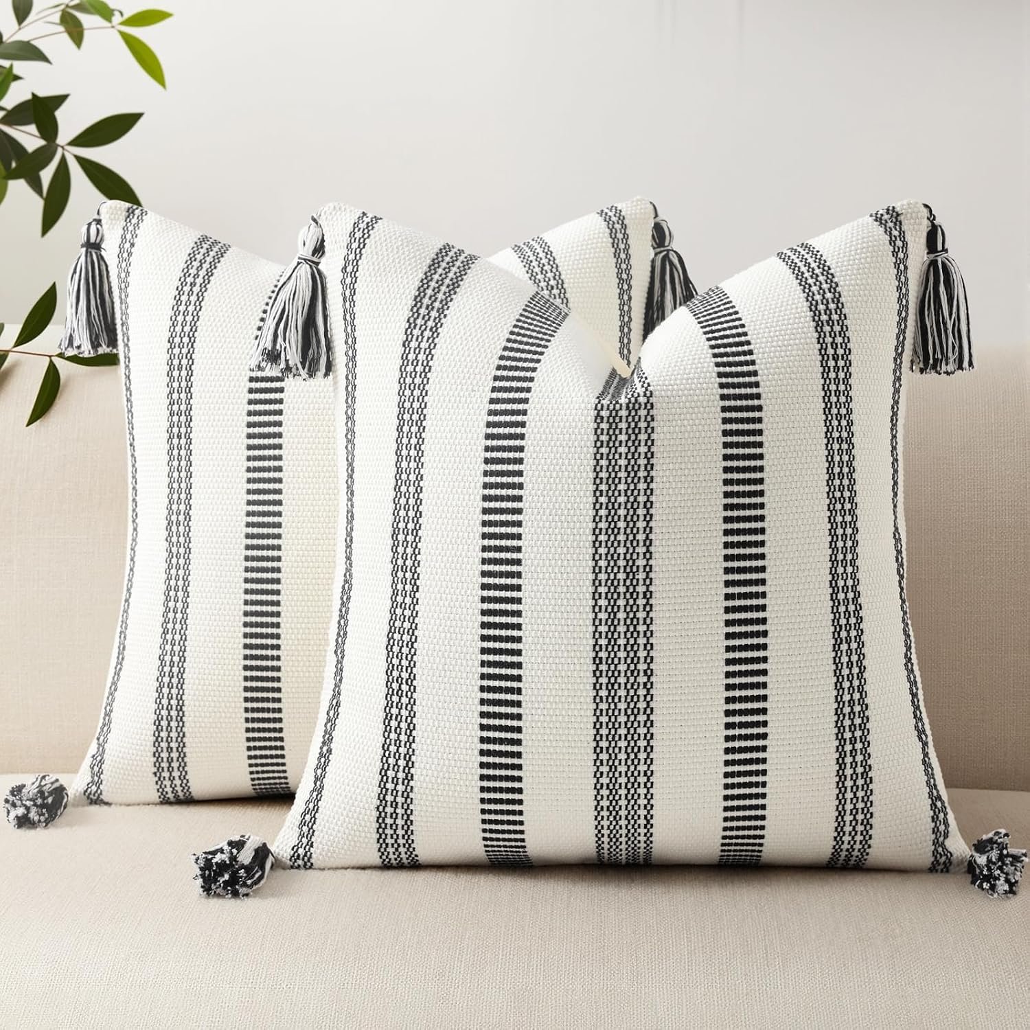 Smile Bee Outdoor Striped Pillow Covers 20×20 Set of 2 Black and White