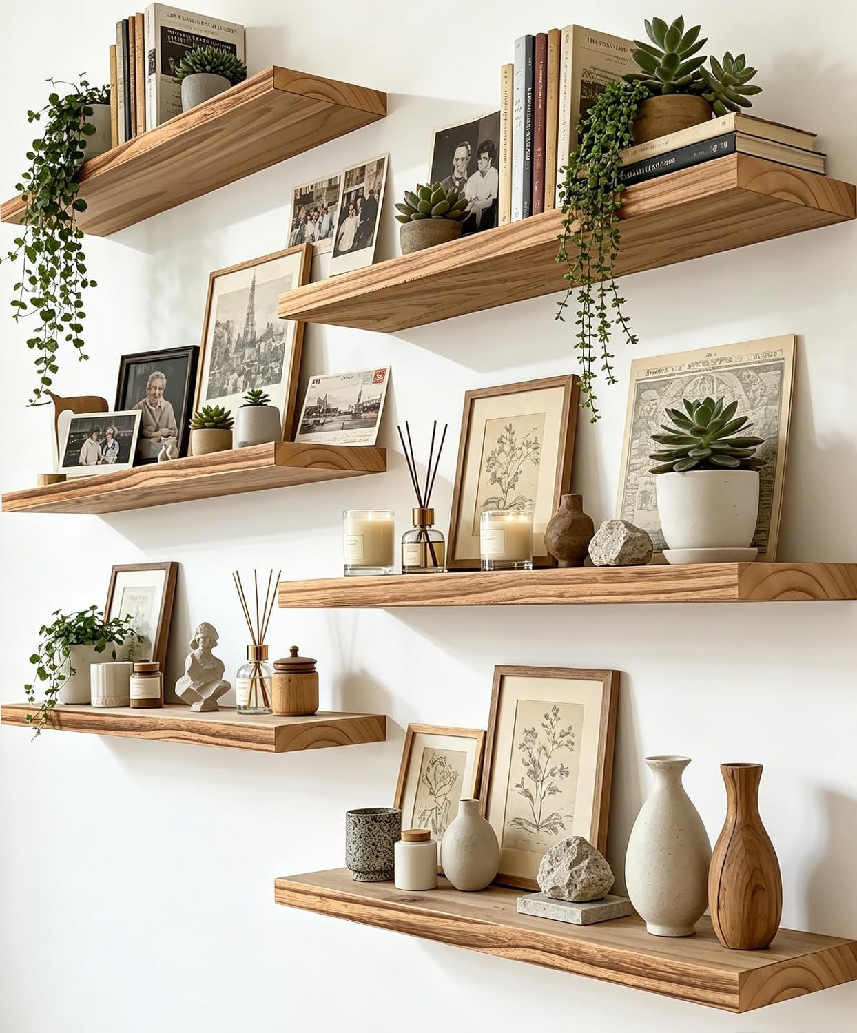 17 Inch Rustic Wood Floating Shelves Farmhouse Wooden Wall Shelves for Bathroom Bedroom Living Room Kitchen Office Set of 6 Light Brown