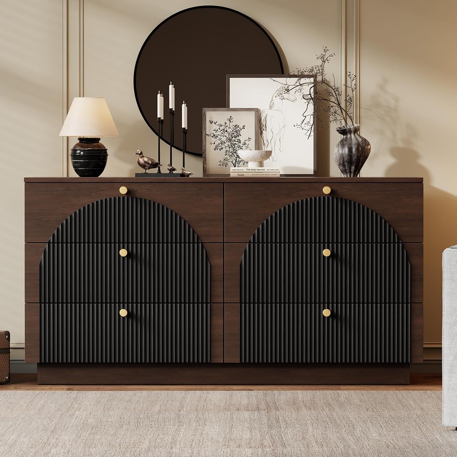 Fluted Wooden Dresser for Bedroom with 6 Drawers, 50″ Wide Large Storage Organizer Chest of Drawers, Mid Century Modern Wood Closet Dresser for Bedroom, Living Room, Hallway, Walnut+Black