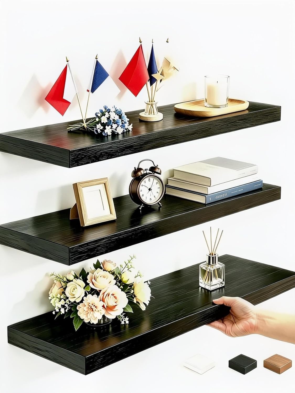 Vervida® Black Rustic Floating Wall Shelves 15in Set of 3 Hidden