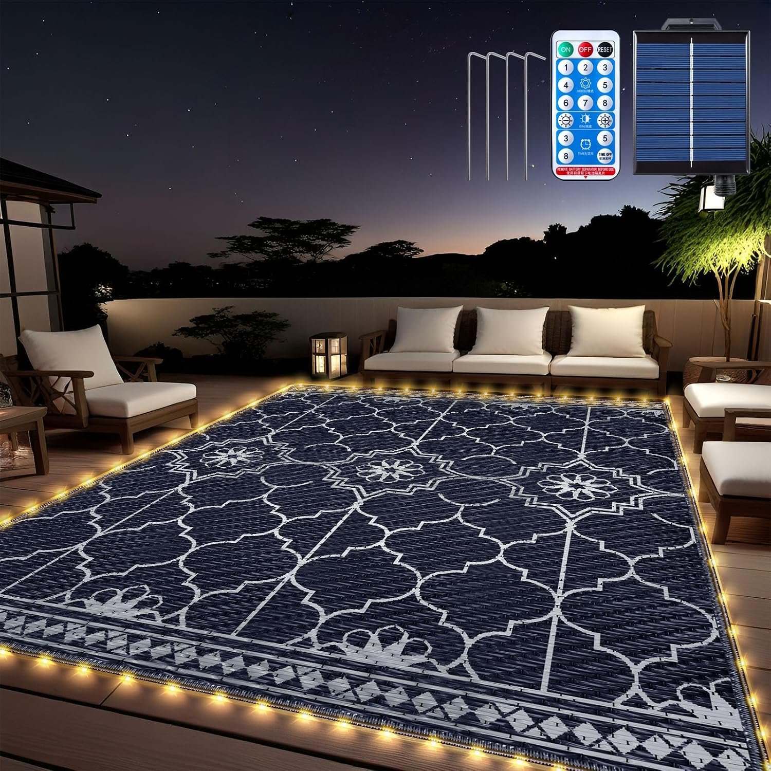 Lighted Outdoor Rug 8×10 ft, Solar Powered Patio Rug with 113 LED Lights, Waterproof Plastic Reversible Outdoor Straw Rugs, Rugs Mat for House Deck RV Camping Patio Beach Balcony Picnic (Blue White)