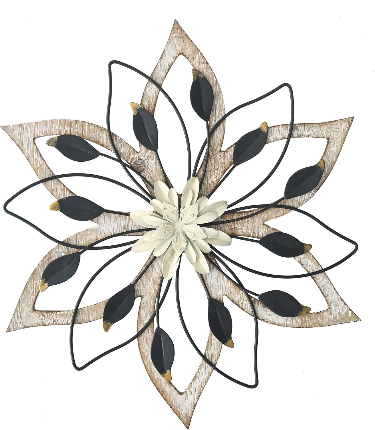 Whitewash Flower Wall Decor,Metal Wood Rustic Farmhouse Wall Art 13.5 inch
