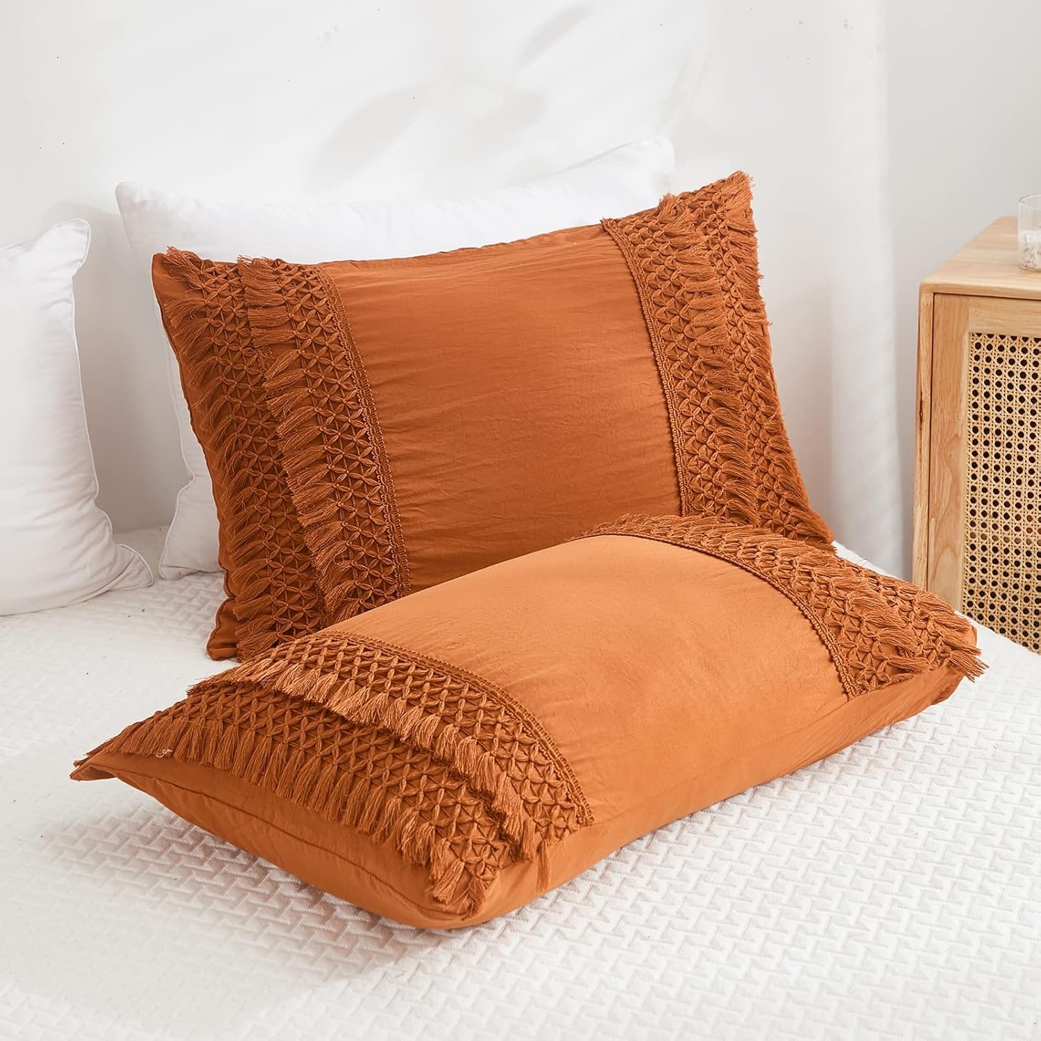 Rust Tassel Pillowcases, Burnt Orange Boho Pillow Cases Set of 2, 100% Washed Microfiber, Boho Hand-Made Tassel Pillow Cover, 2 Pack (Queen, Rust Tassel)