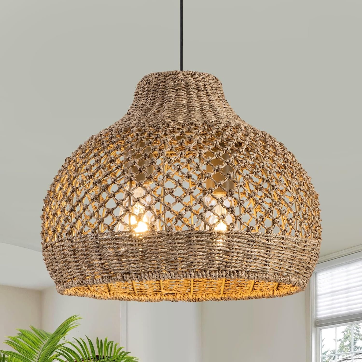 15″ Rattan Pendant Light,Hand Woven Wicker Hanging Light