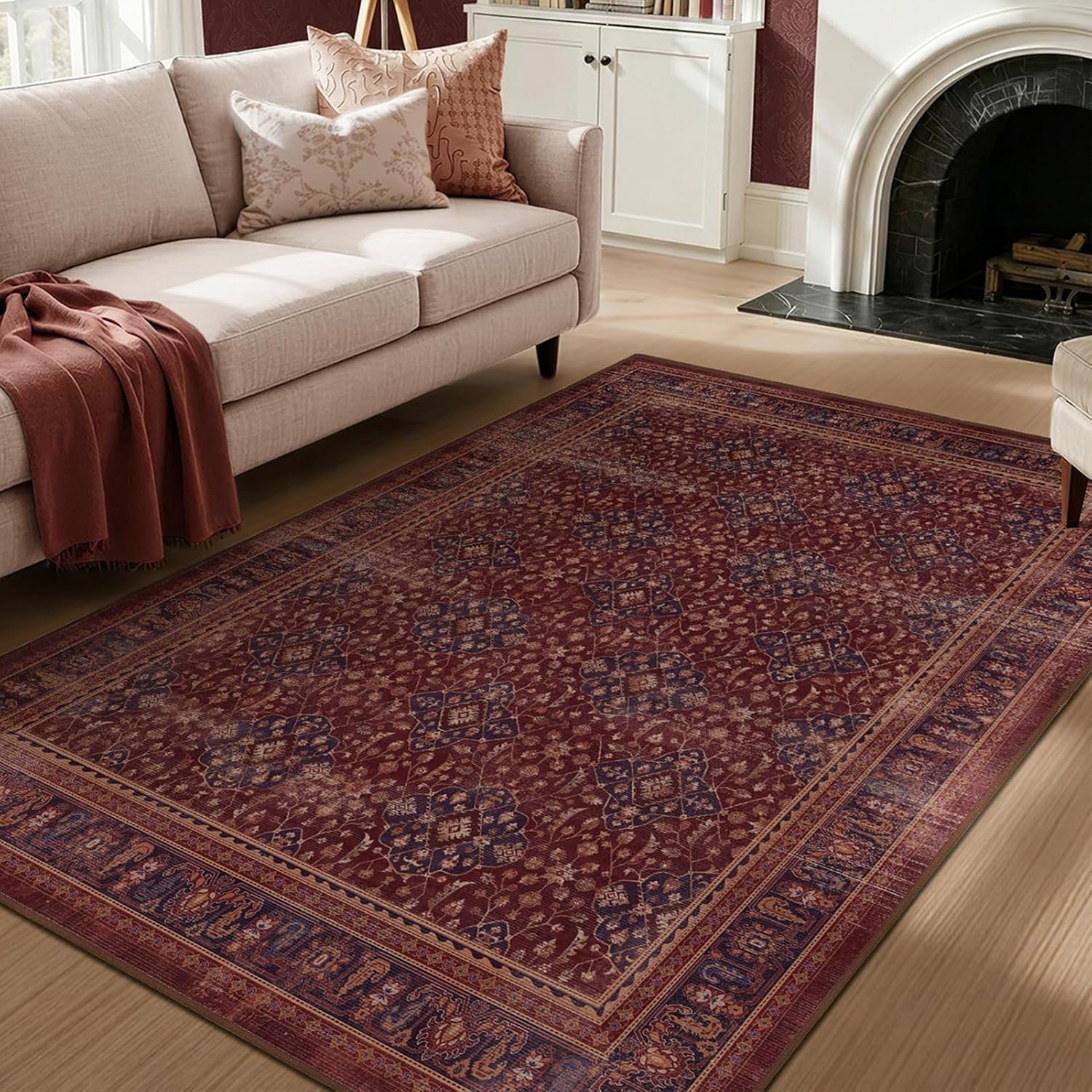 Amber Red 5×7 Area Rugs for Living Room Bedroom, Earthy Vintage Distressed Washable Rug Non Slip, Low Pile Soft Carpet Rugs for Den/Home Office/Kitchen/Foyer, Boho Floral Trellis Purple Accents