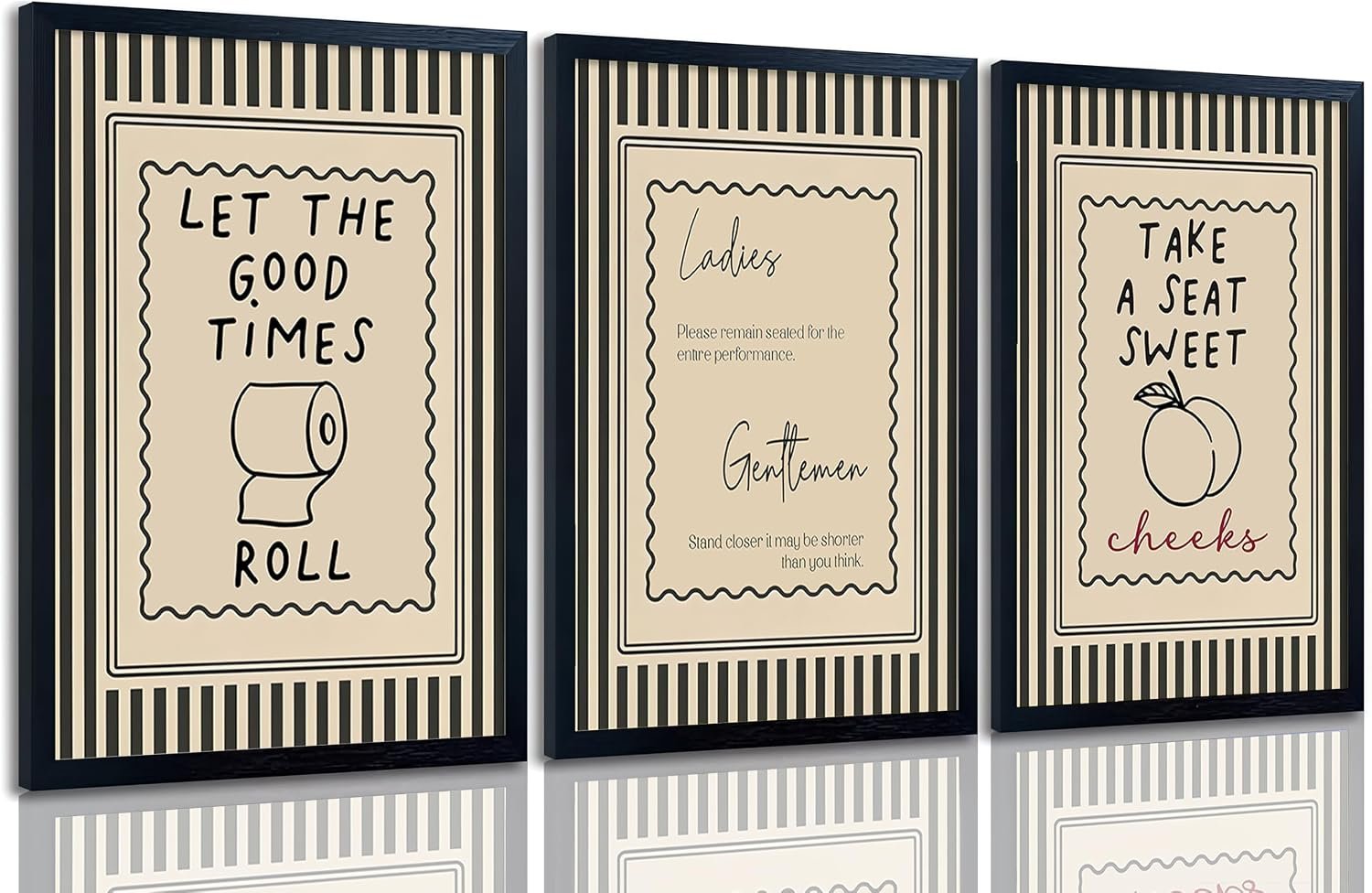 Funny Bathroom Wall Art Set of 3, 8×10 Inch Black Framed Canvas Prints
