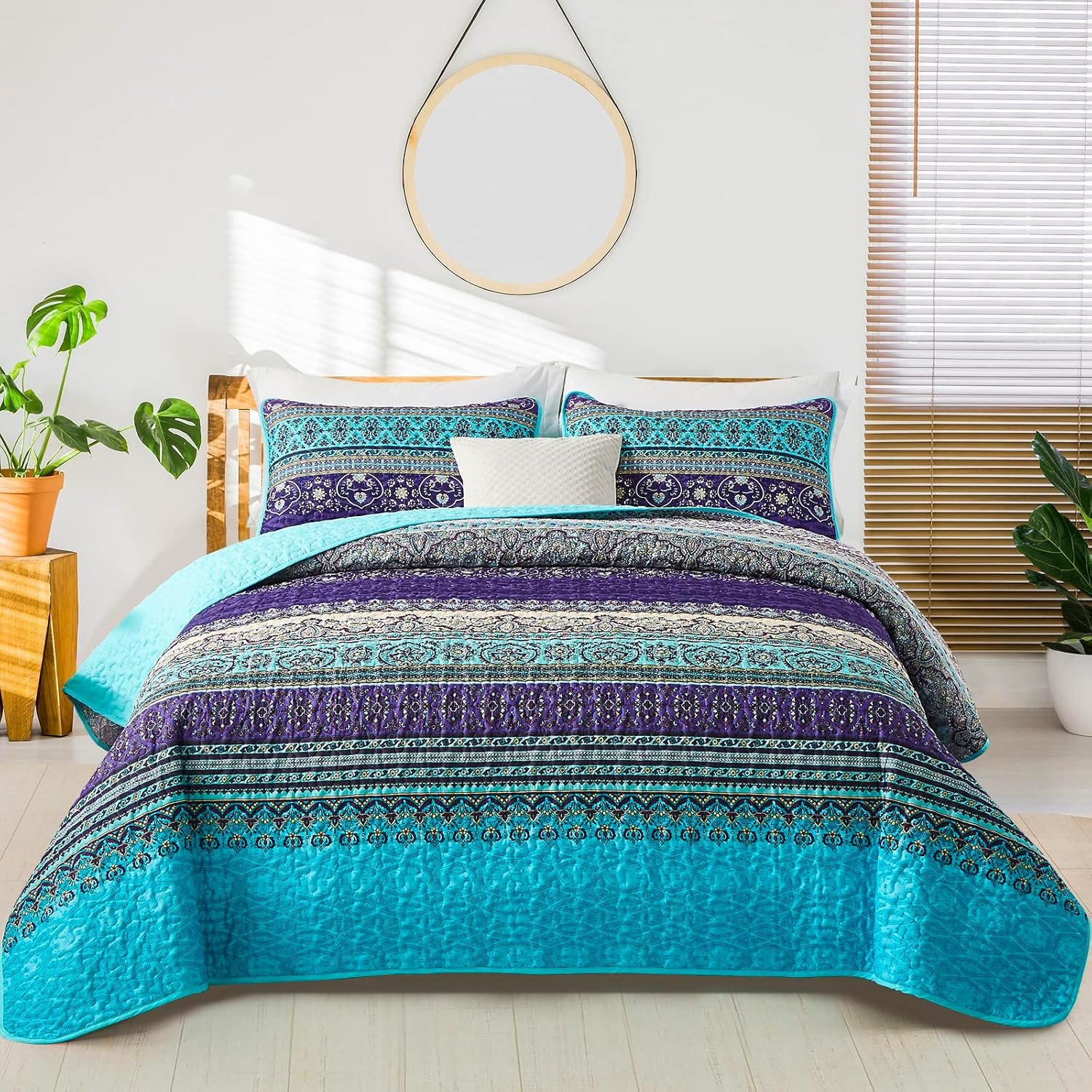 WONGS BEDDING Boho Quilts Queen Size, 3 Pieces Bedspread Bedding Set, Blue