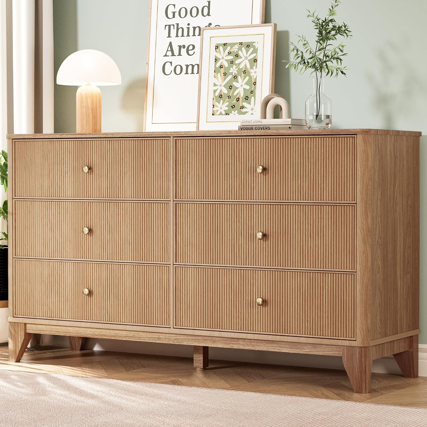 Fluted 6 Drawers Dresser, 54″ Wide Modern Chest of Drawers with Round Corners, Wooden Dresser TV Stand, Wood Drawer Organizer for Bedroom, Living Room, Hallway