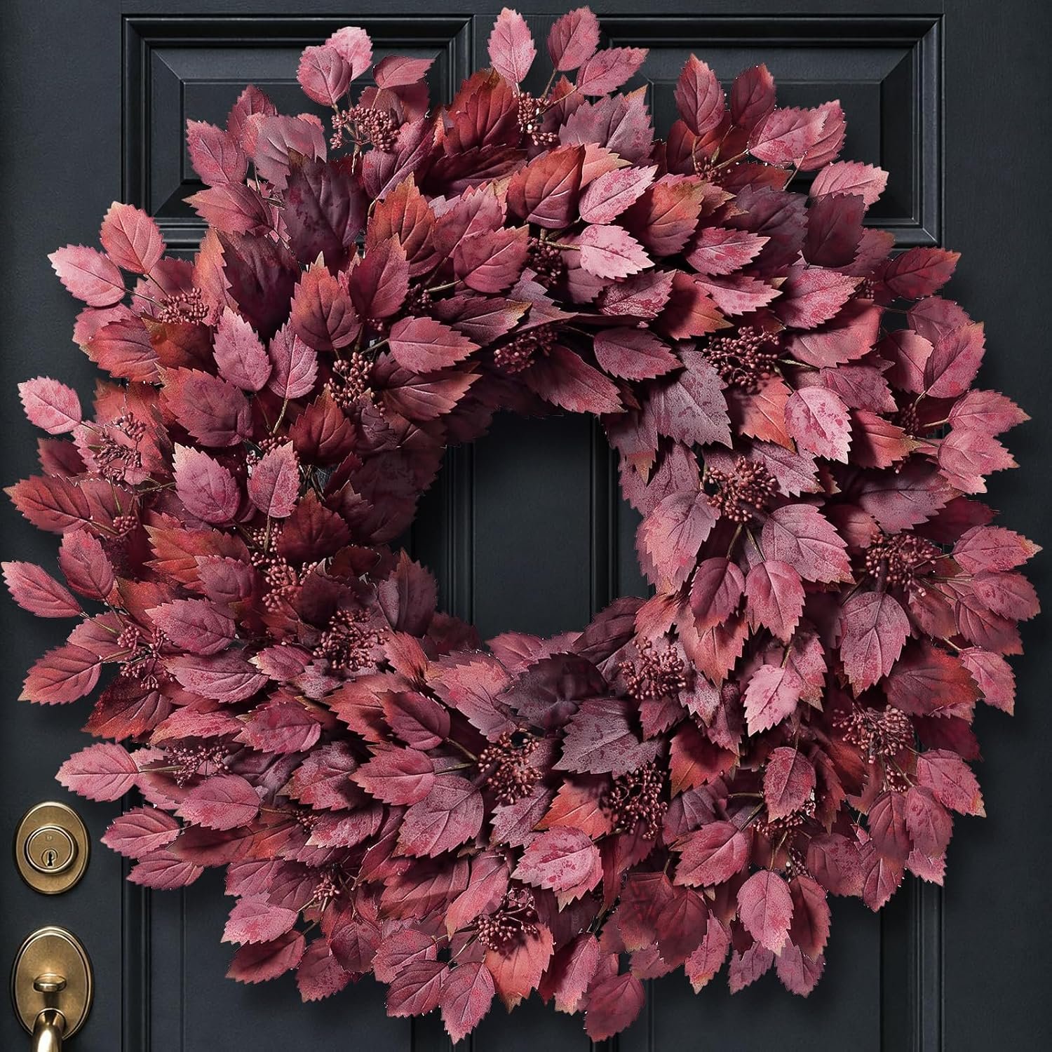 26″ Artificial Hibiscus Leaves Fall Wreath for Front Door Decor(Autumn Red)