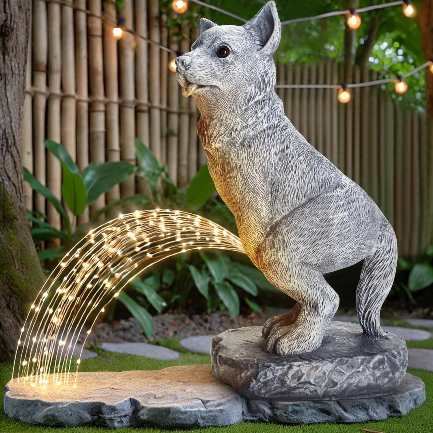 Funny Dog Garden Statue with Solar LED Light Stream Outdoor Yard Lawn Decor