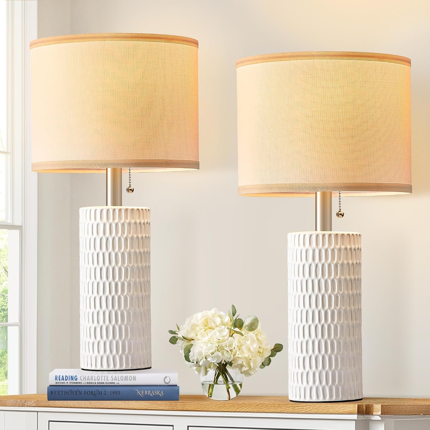 20″ Modern Ceramic Table Lamps Set of 2, Lamps for Bedroom, White