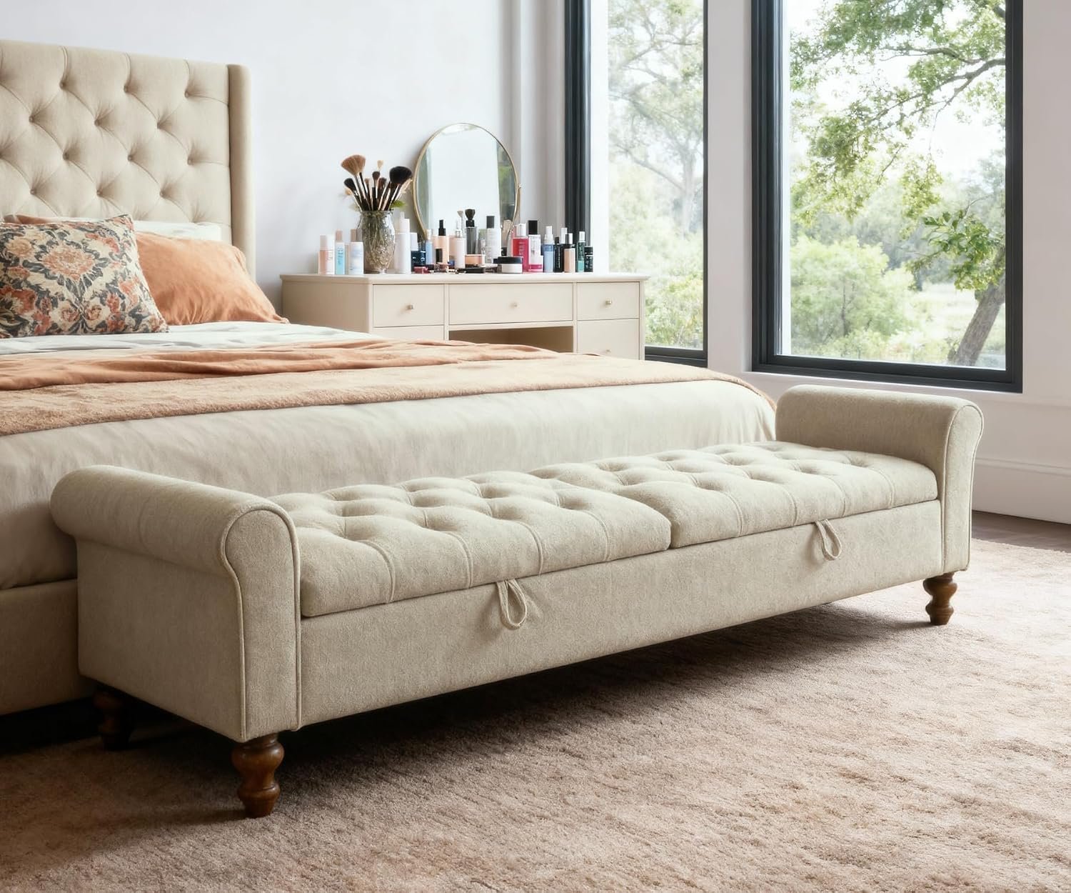 Storage Bench for Bedroom, 65.2” Tufted End of Bed King Size Upholstered Extra-Long Bench with Dual Flip-Top Lids for Entryway, Hallway, Cloakroom, Window, Griege.