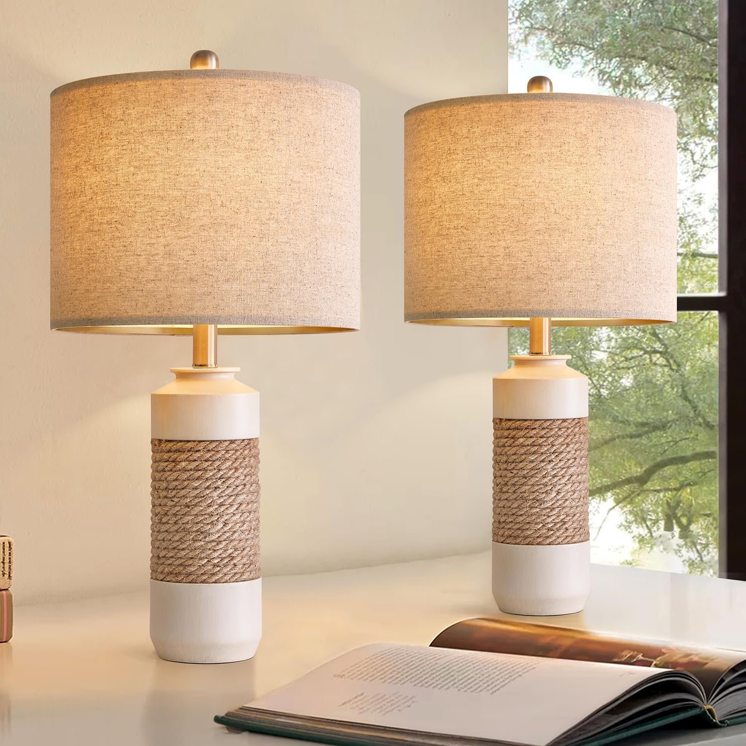 23.75″ Bedside Table Lamps Set of 2 for Sleeping and Reading, Vintage Farmhouse Rattan Table Lamp Antique White Resin Lamp for Decoration, Office Living Room Bedside Table