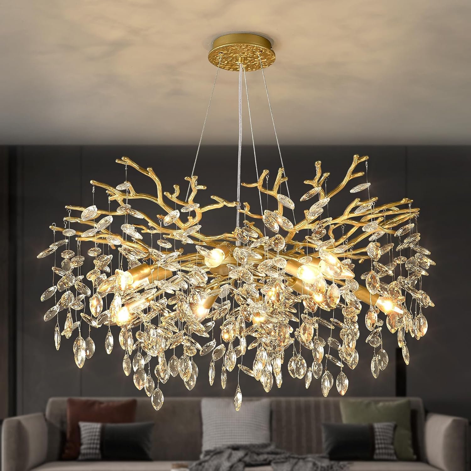 EGM Gold Tree Branch Chandelier 32″ 10-Light Modern Crystal Light Fixture