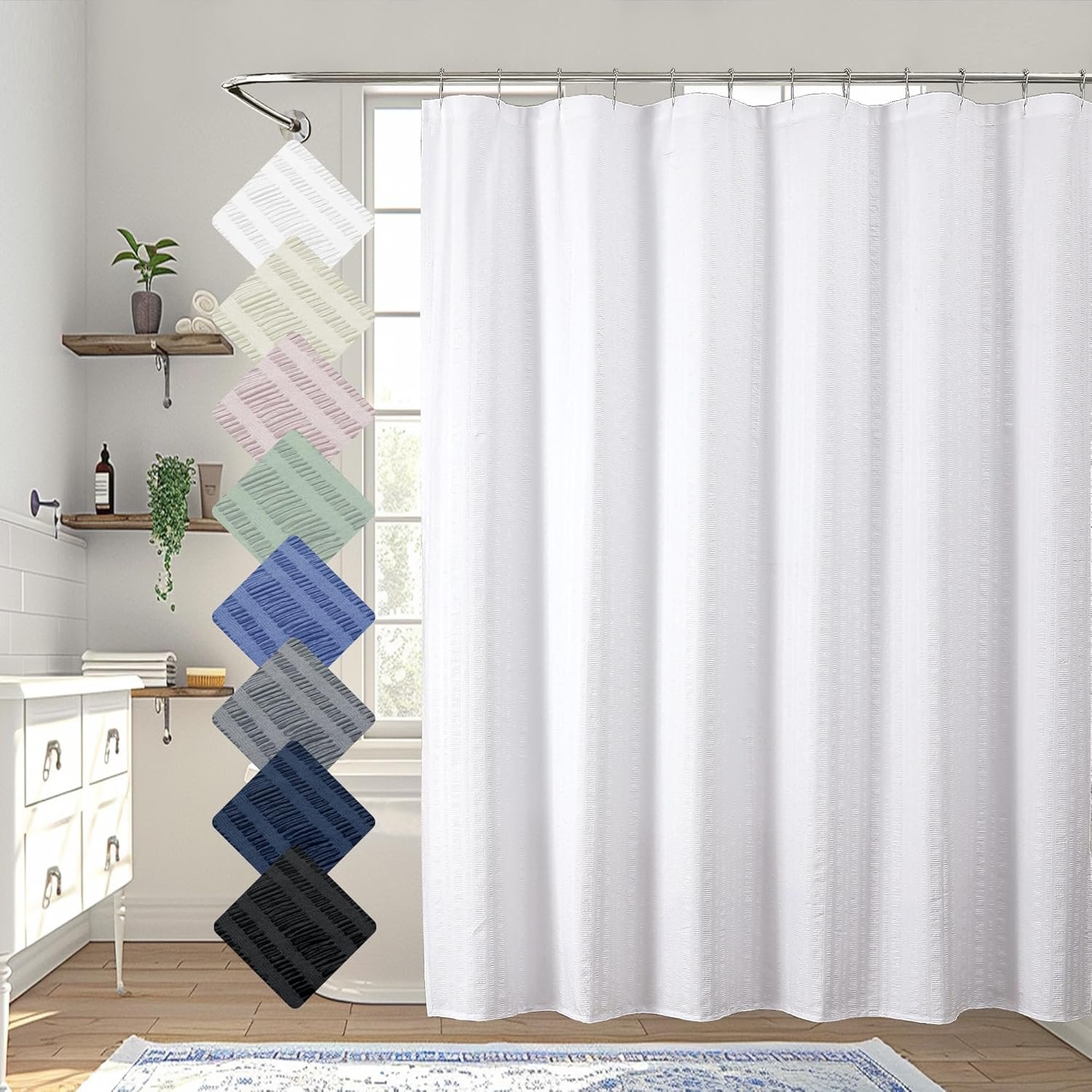 Moga White Shower Curtain, Embossed Textured Fabric Shower Curtain for Bathroom – Soft Cloth & Hotel Spa Luxury, Water Repellent, Machine Washable, 72X72, White