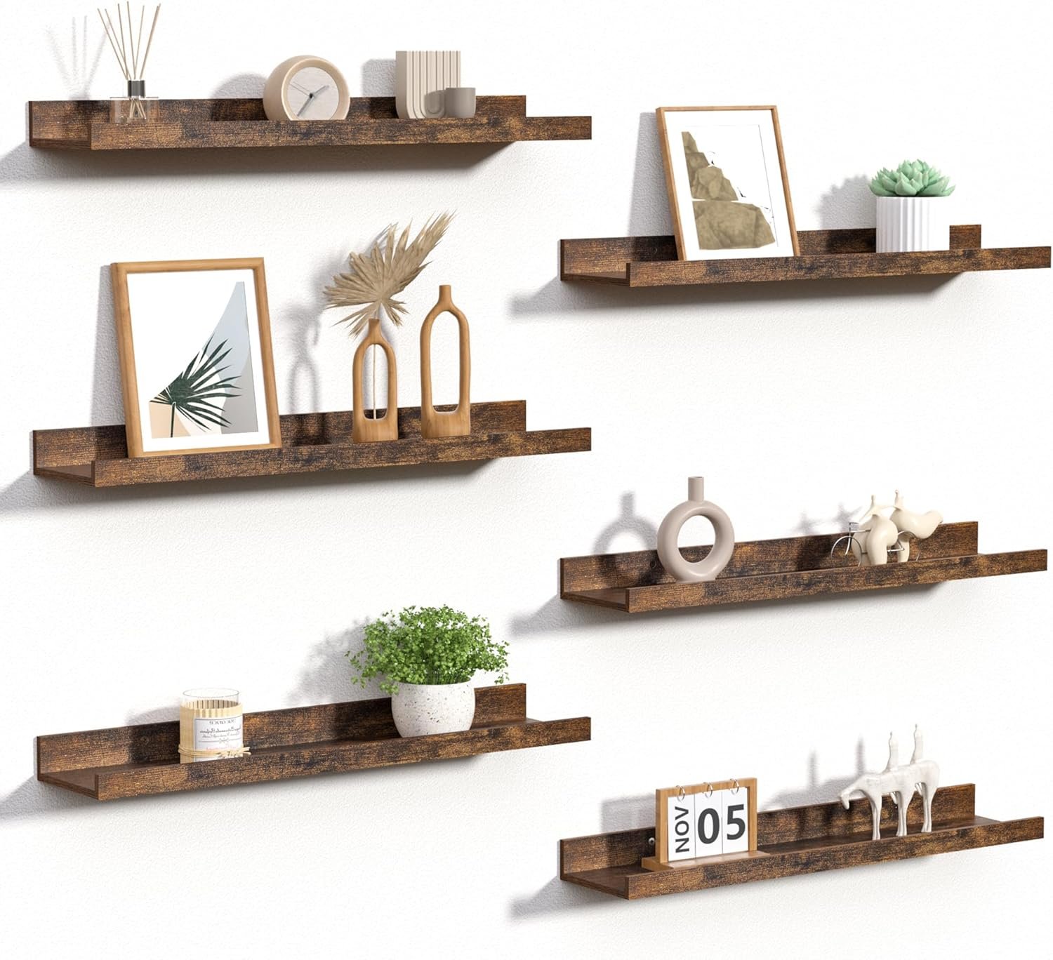 upsimples Floating Shelves for Wall Decor and Storage, Brown, 6Pcs 23.6”
