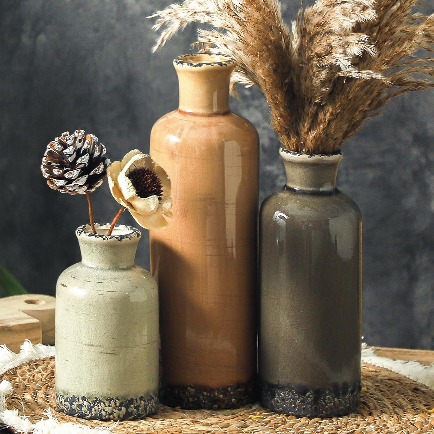 Ceramic Vase Set of 3, Neutral Flower Vases Home Decor, Pottery Rustic Farmhouse Decorative Vases Modern Decor for Table Mantel Entryway Bookshelf Living Room Kitchen Bedroom – Brown