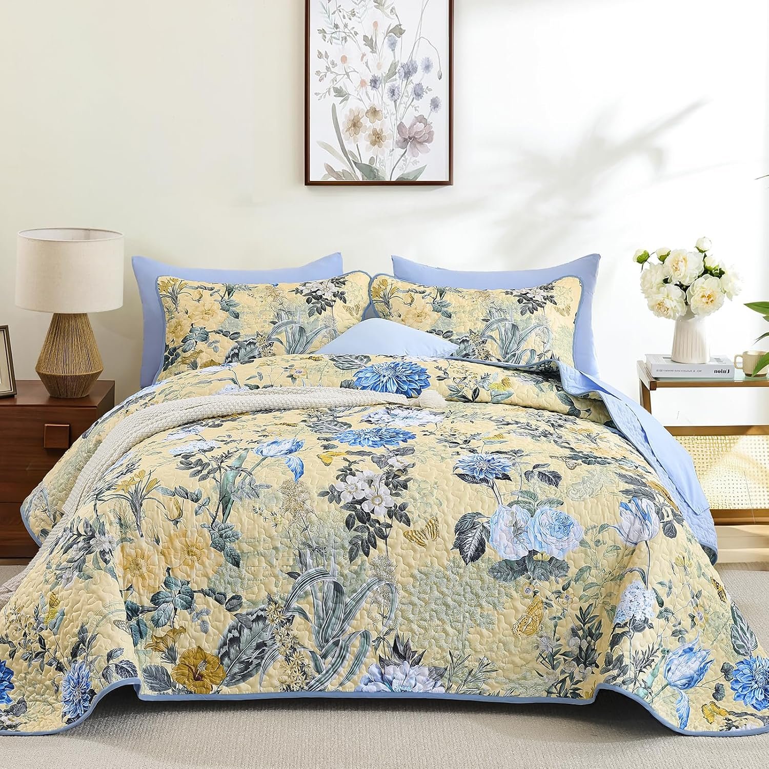 3 Pieces Quilt Set King Size, Colorful Floral Reversible Bedspread Coverlet Set, Soft Microfiber Lightweight Bed Cover for All Season (110″x90″, 1 Quilt+ 2 Pillow Shams)