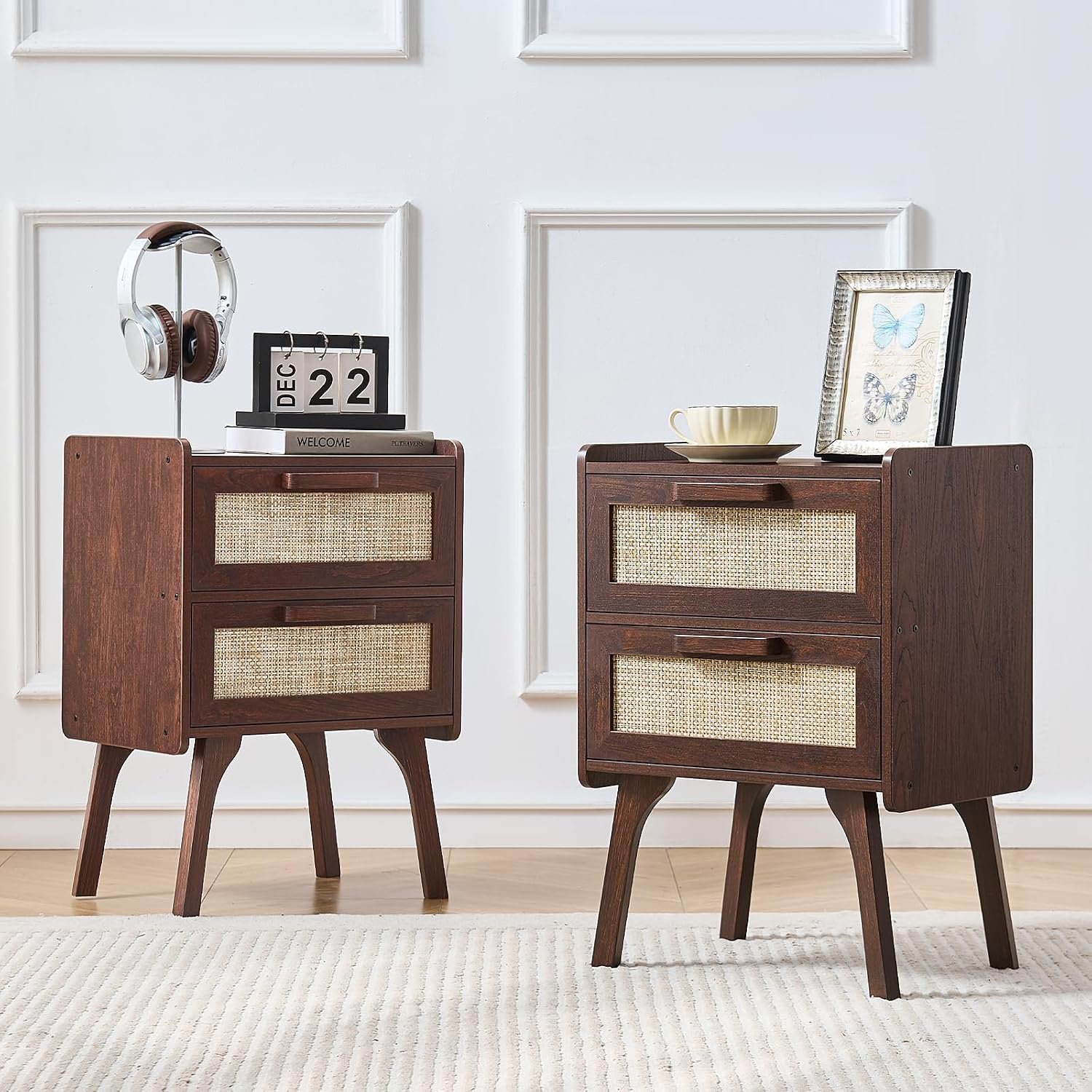 Lerliuo Rattan Nightstands Set of 2 for Bedroom, 2 Drawers