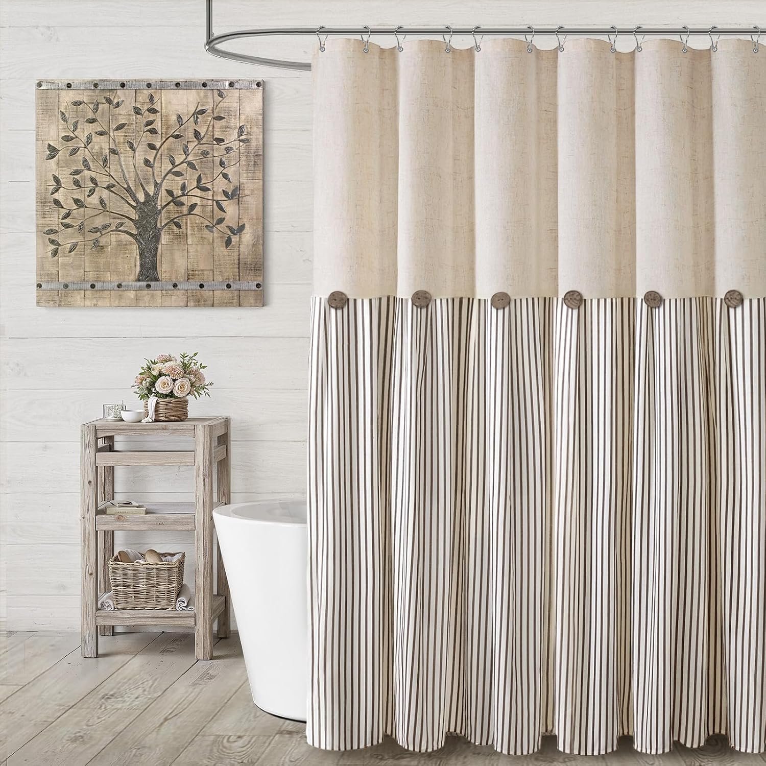 Farmhouse Shower Curtain Linen Beige Button Brown Stripe 72″W x 72″L