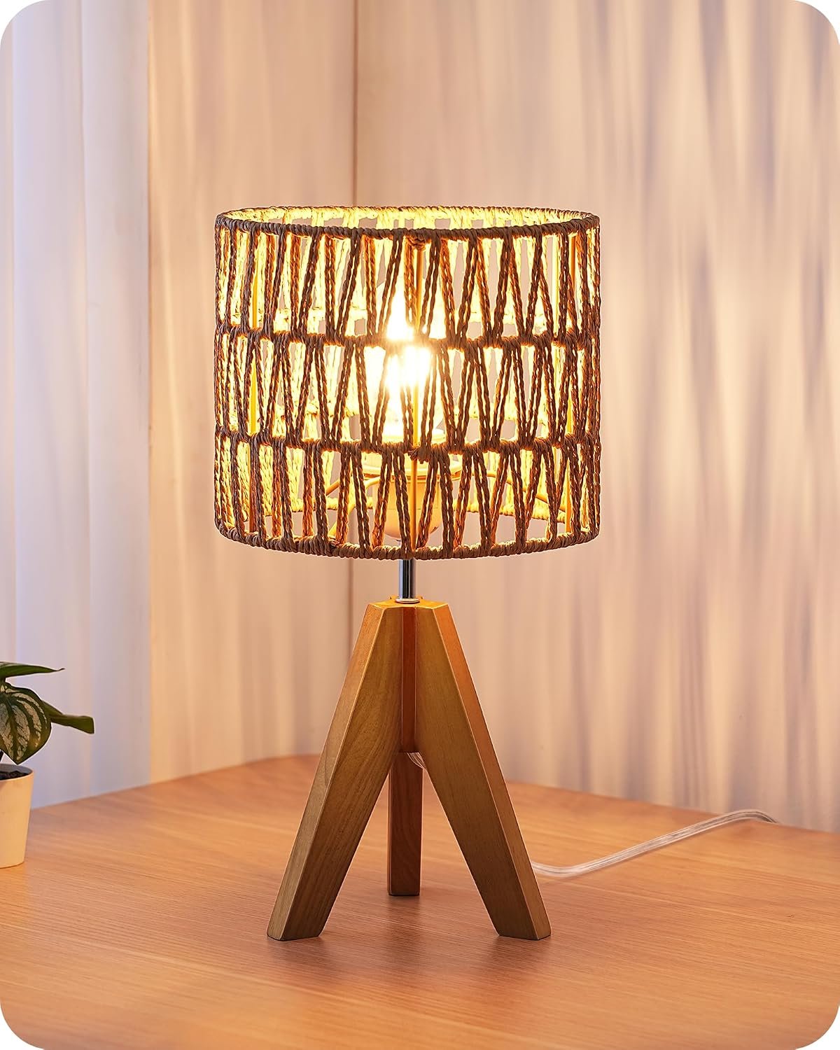 EDISHINE Rattan Small Table Lamp, Boho Nightstand Lamp, 14.2″, E26 Base