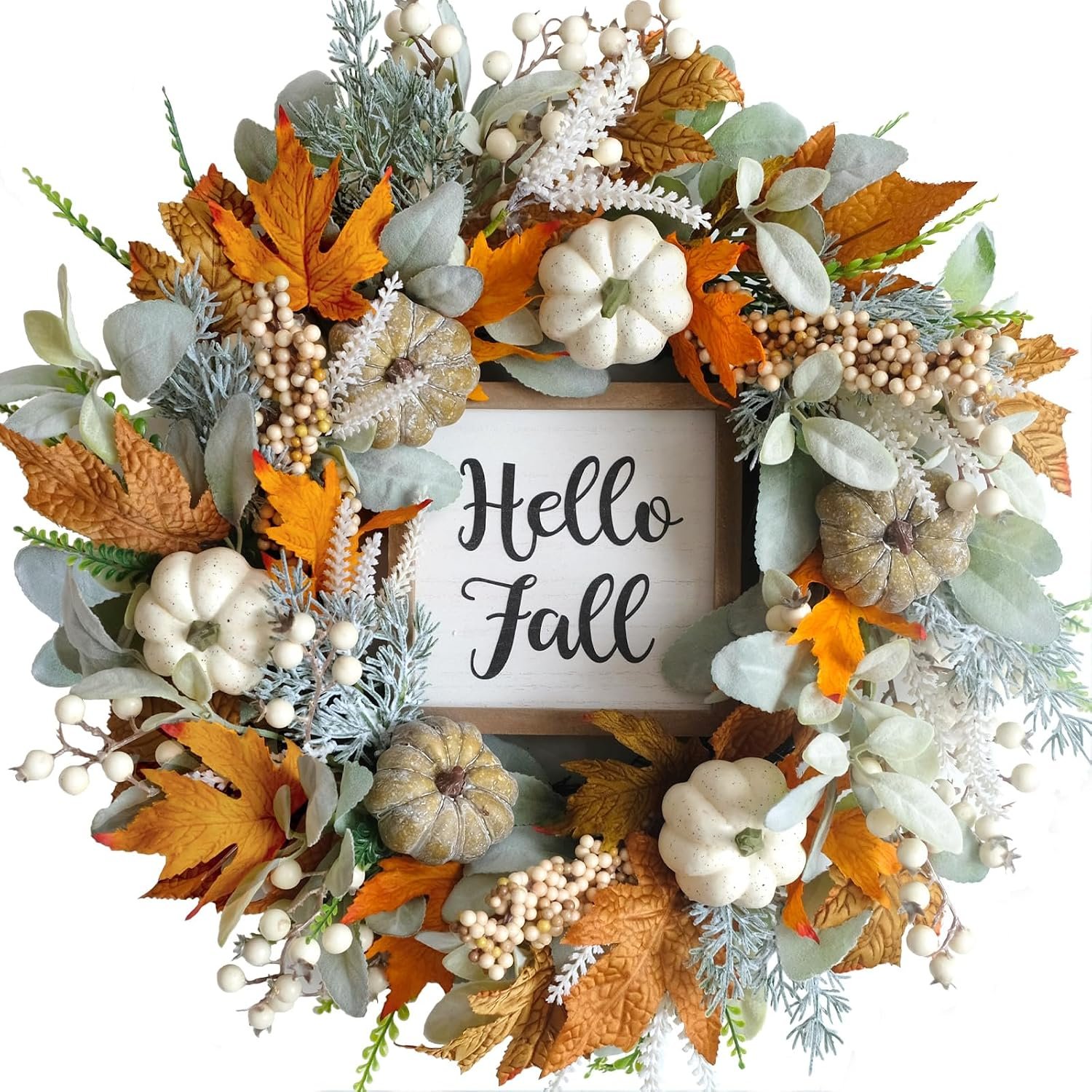 20″ Harvest Fall Wreath for Front Door,Pumpkins Berries Autumn Wreaths