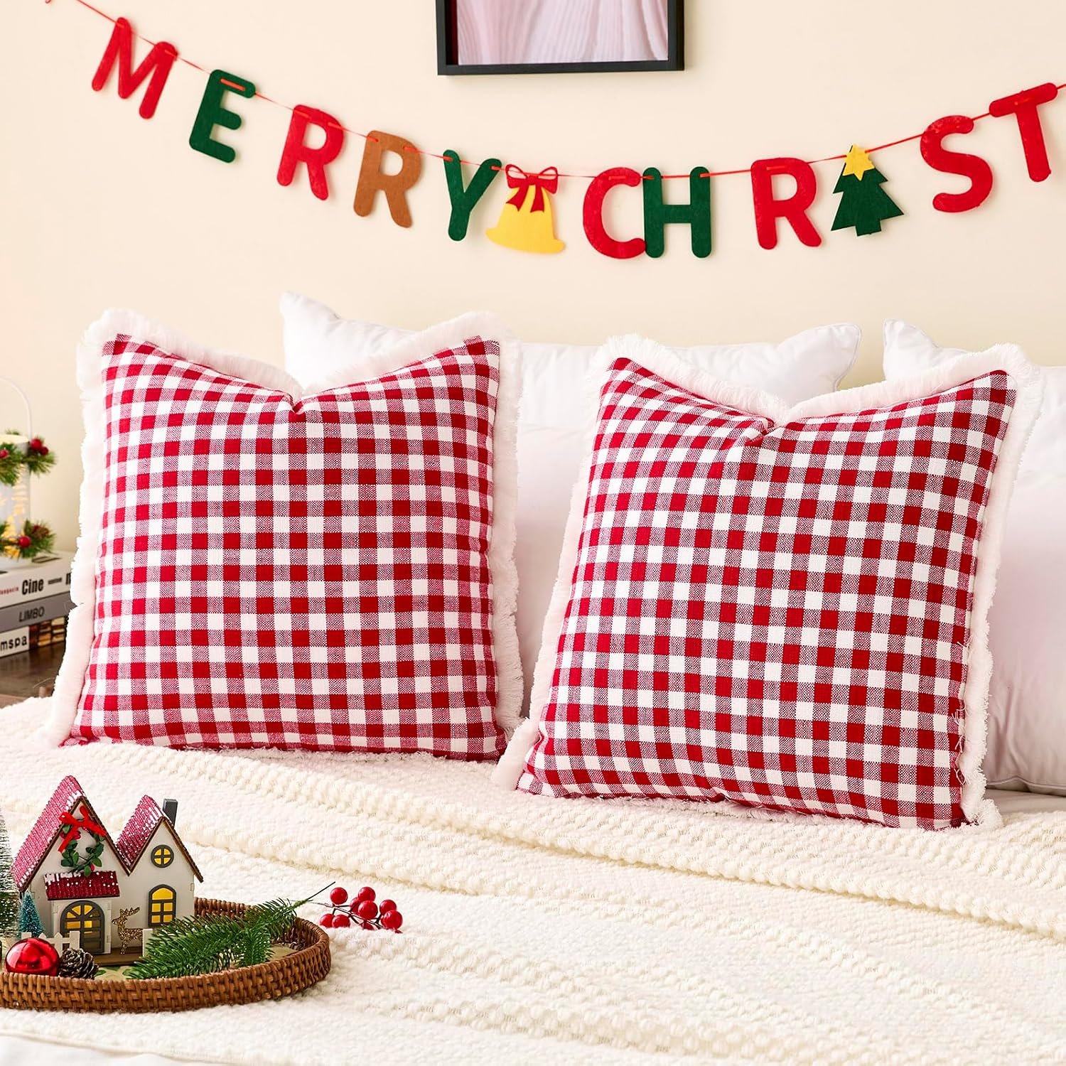 18×18 Red and White Christmas Plaid Gingham Throw Pillow Covers Set of 2