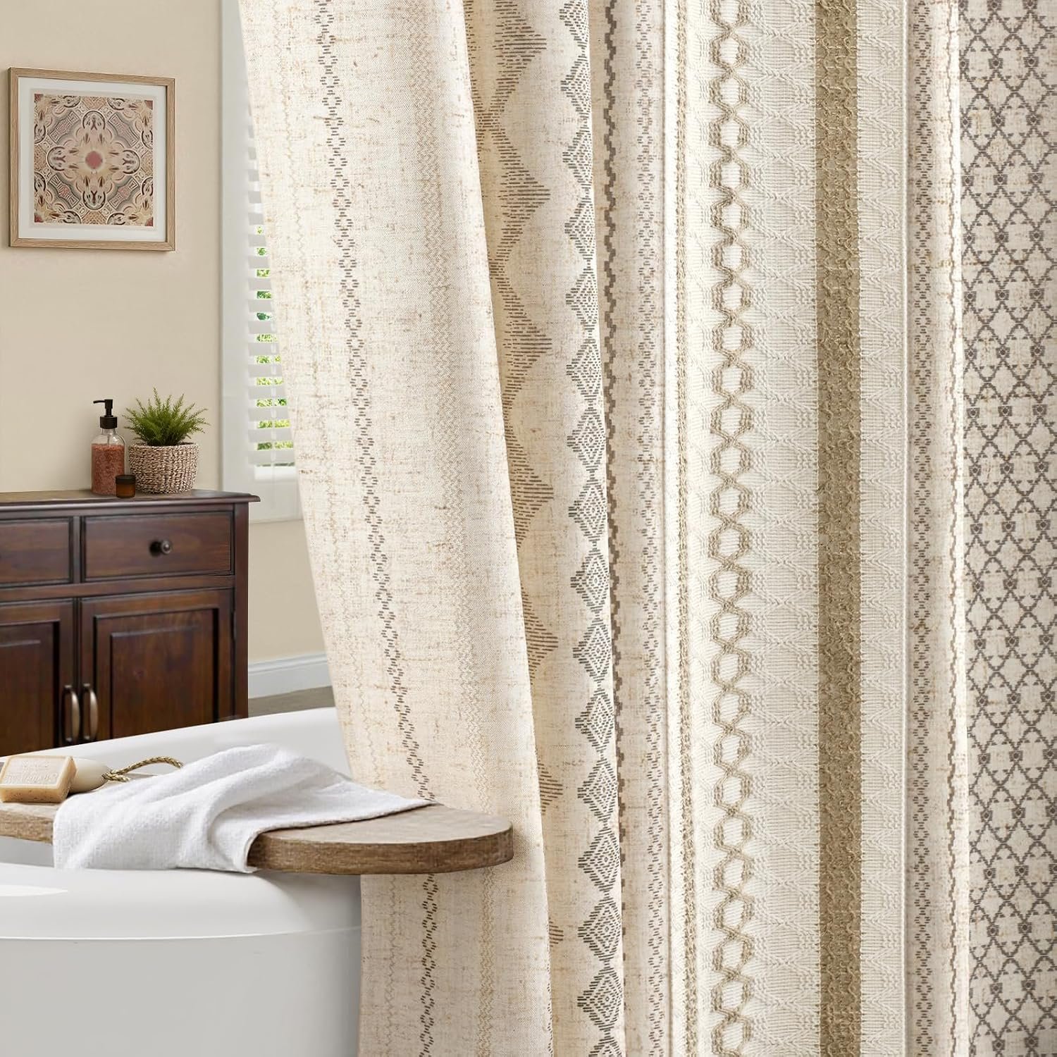Natural Linen Boho Shower Curtain,72″ W x 72″ L