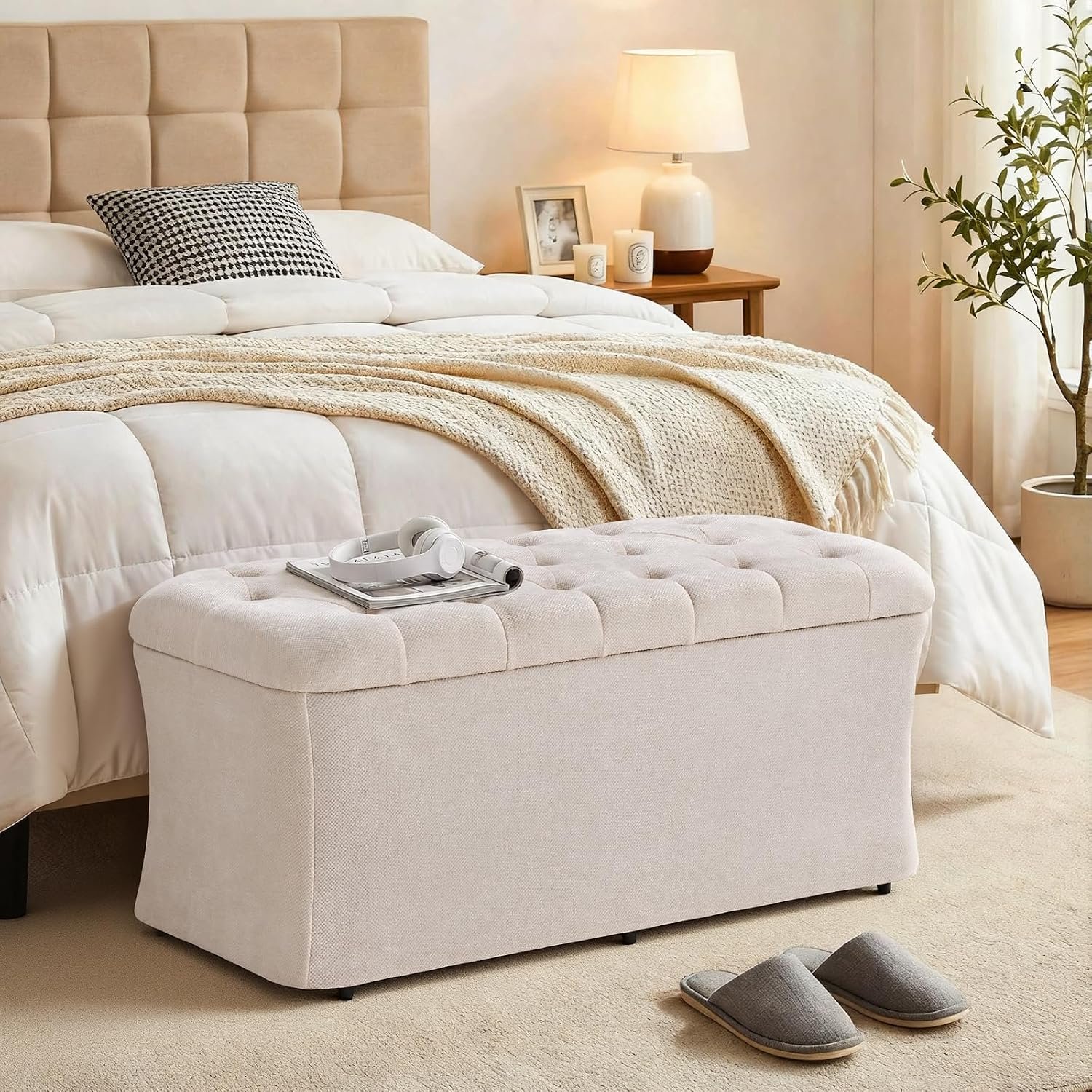 Storage Ottoman Bench, End of Bed Bench, 39.8 x 18.1 x 17.7 Inches Pouf Ottoman Foot Rest, Storage Benches Chest for Bedroom Entryway Living Room, Max 330 lbs, Beige