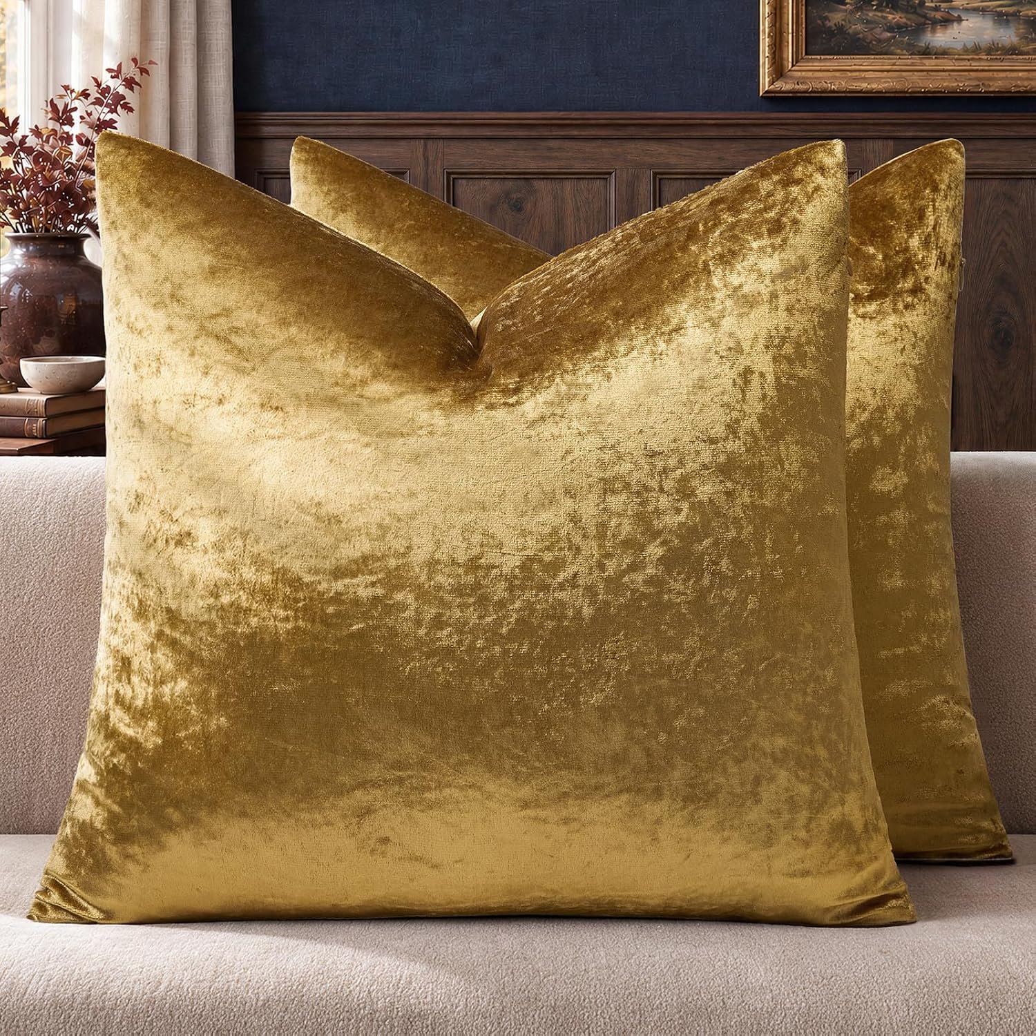 GIGIZAZA Gold Velvet Pillow Covers 18×18 Decorative Pillows Pack of 2
