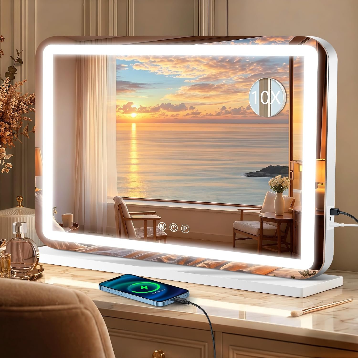 23″ x 18″ Vanity Mirror with Lights, Led Lighted Makeup Mirror with 3 Color Dimmable Lights, Touch Control, USB Charging Port, Gifts for Women Wife Teengirls