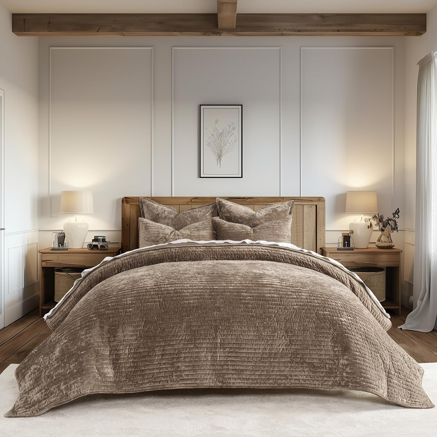 Stripe Channel Luxury Velvet Quilt Set King Size, Mocha Brown