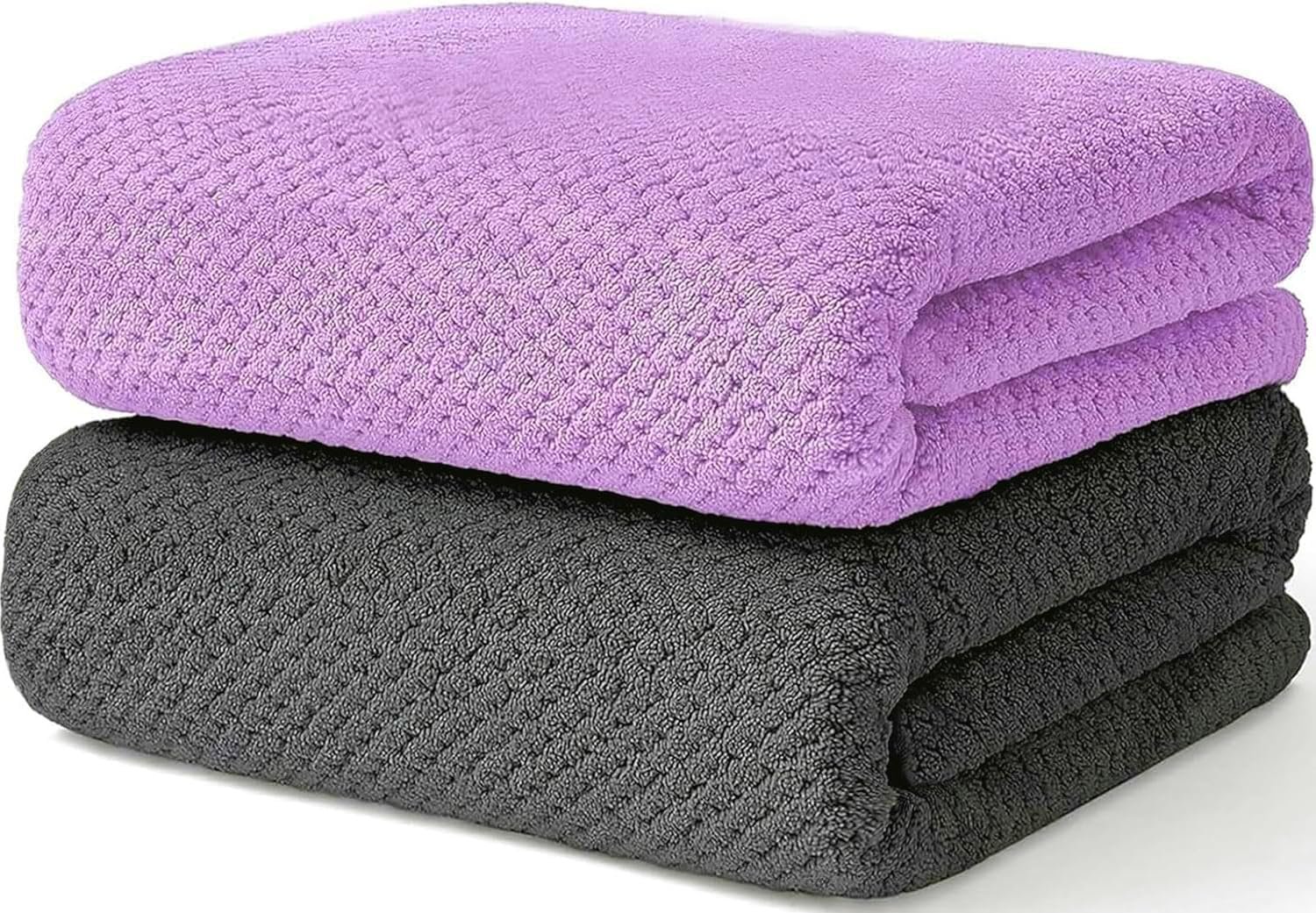 2 Pack Bath Towel Set, Waffle Bath Towel Set, Super Soft Highly Absorbent, Sturdy Quick Drying Towels for Bathroom, Gym, SPA, Yoga (2 Piece 27″ x 55″, 1Grey+1Purple)