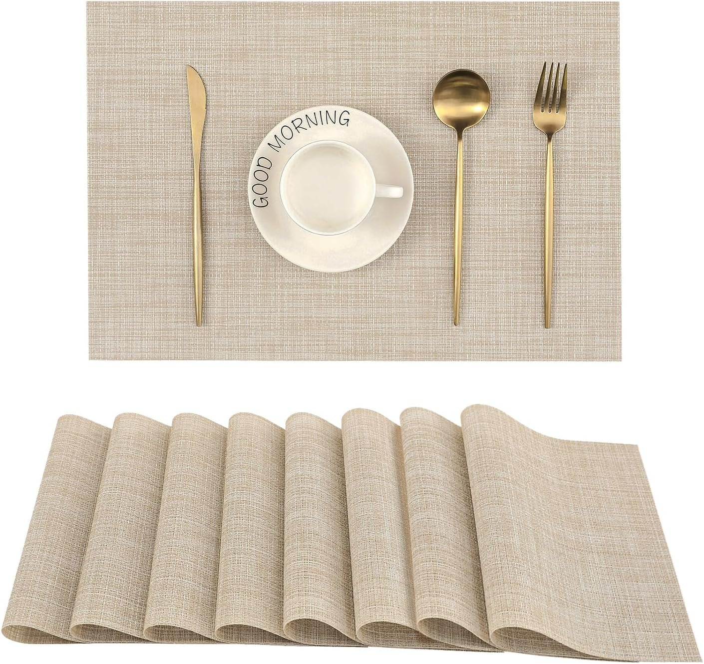 Beige Placemats Set of 8 – Heat-Resistant, Non-Slip Table Mats, Washable Woven Vinyl for Indoor & Outdoor Dining