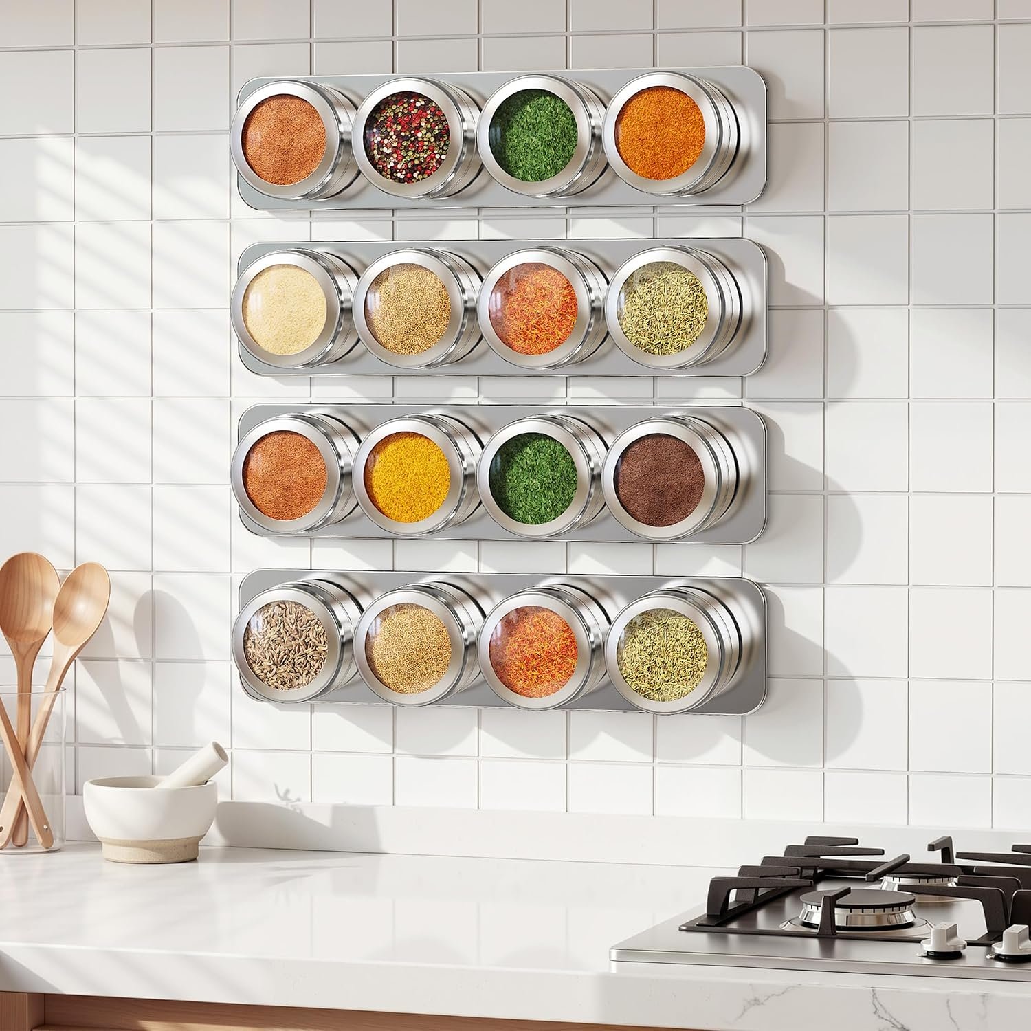 Vetacsion Set of 16 Magnetic Spice Tins with 4 Metal Wall-Plates,120 Preprinted Seasoning Label Stickers,2 Styles for 3 oz Herb Jars