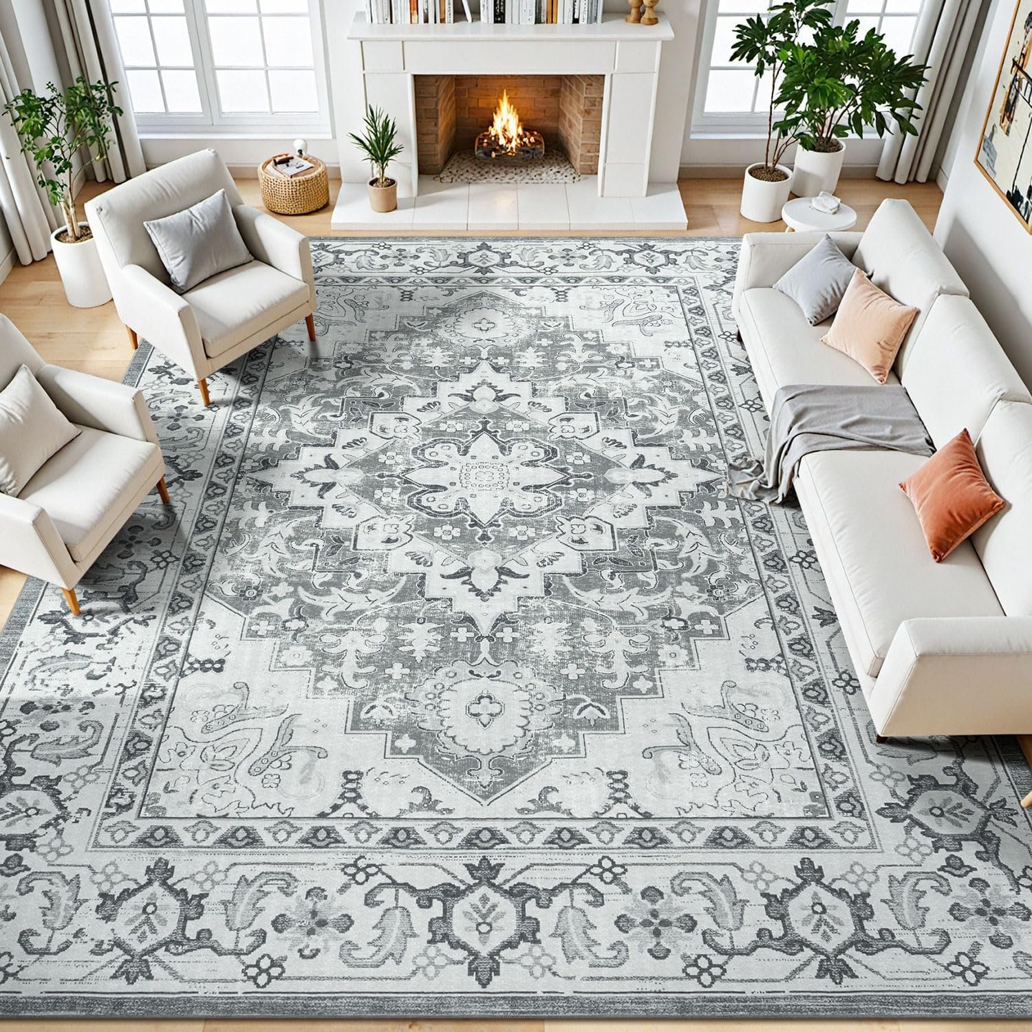 8 x 10 Area Rugs for Living Room, Machine Washable Rug Grey White