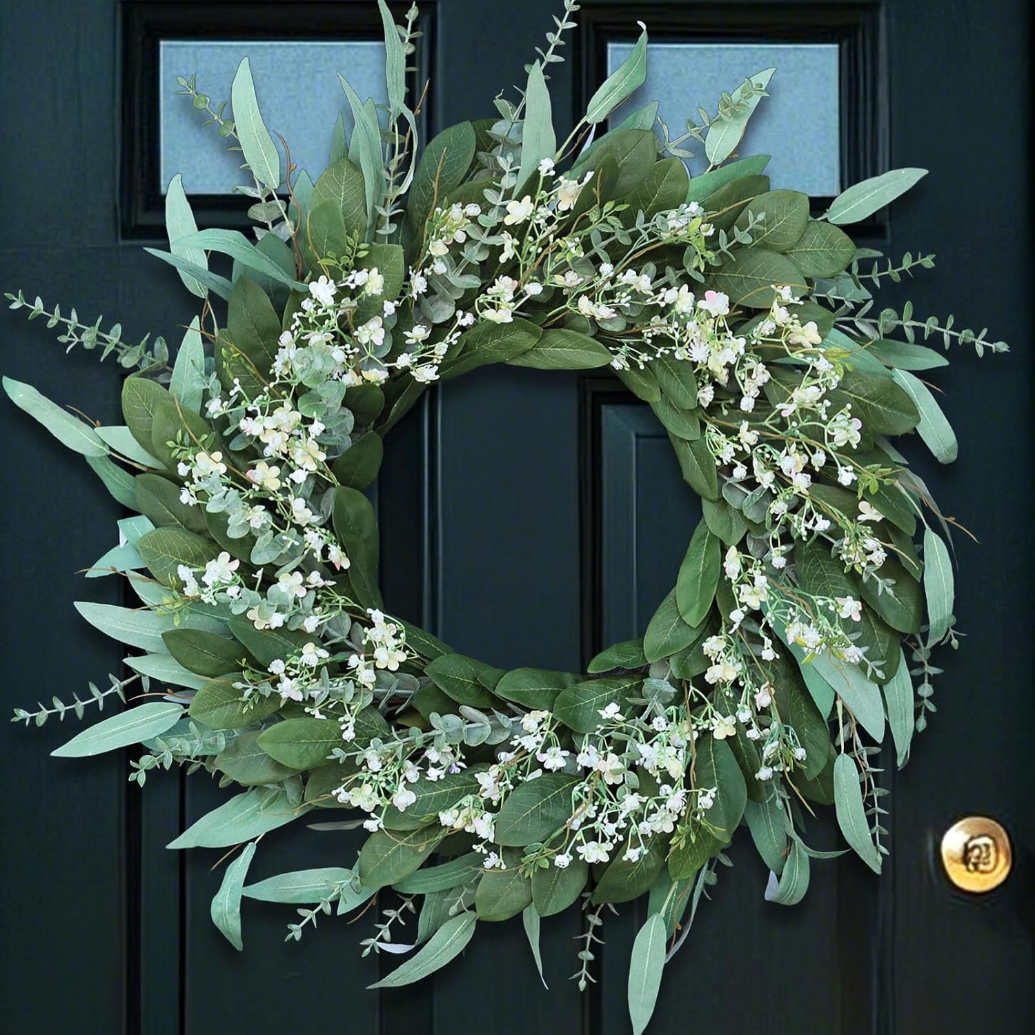 26″ Large Artificial Eucalyptus & Flower Wreath for Front Door(Green-White)
