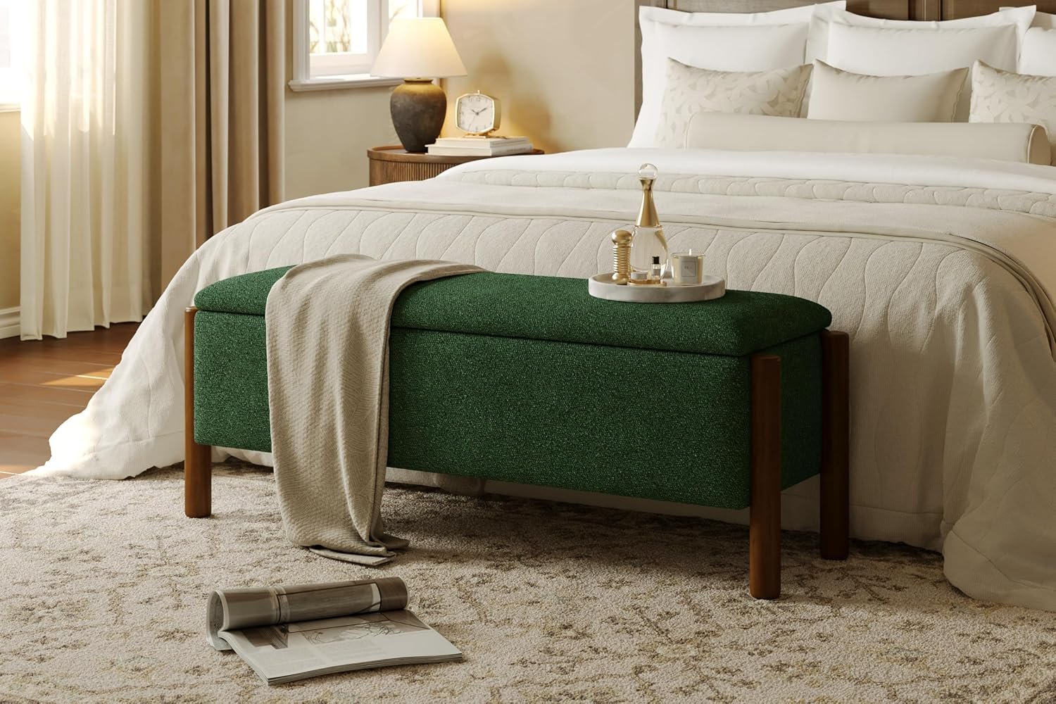 Modern Storage Benches with Walnut Wood Legs, 47” Ottoman Bench with 20 Gallons Storage Space for Bedroom End of Bed, Fabric Upholstered Entryway Bench with Seating for Livingroom, Green