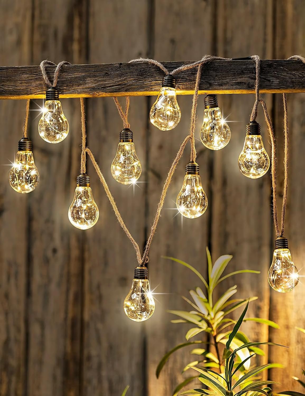 Solar Outdoor String Lights, 10Ft Vintage Rope Hemp Solar Patio Lights, Waterproof Warm White Solar Powered String Lights With 10 Shatterproof Bulbs for Garden Fence Stairs Balcony Café Bistro, Khaki