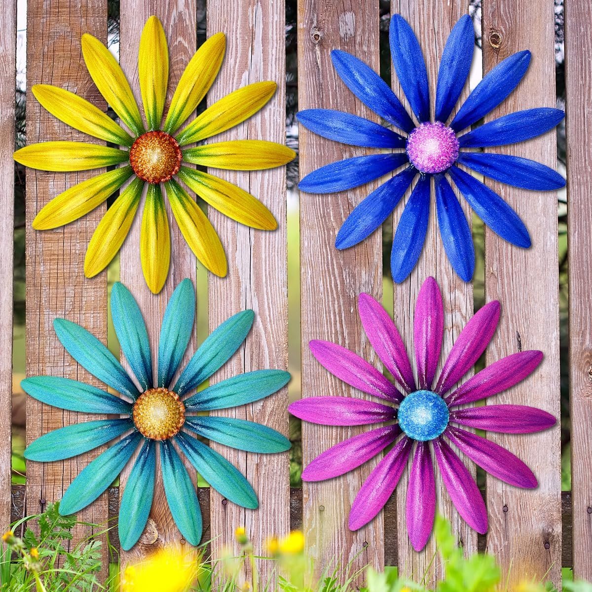 Giyyomtr Metal Flowers Wall Decor – 4pcs 6.2” Metal Wall Art Hanging Decorations for Outdoor Fence Garden Yard Patio Exterior Wall Decor
