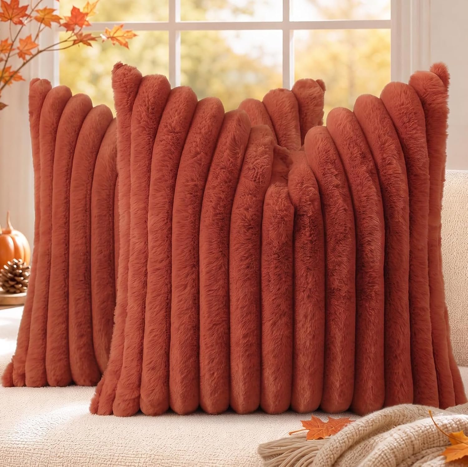 decorUhome Fall Faux Fur Throw Pillow Covers 18×18 Set of 2 Rust
