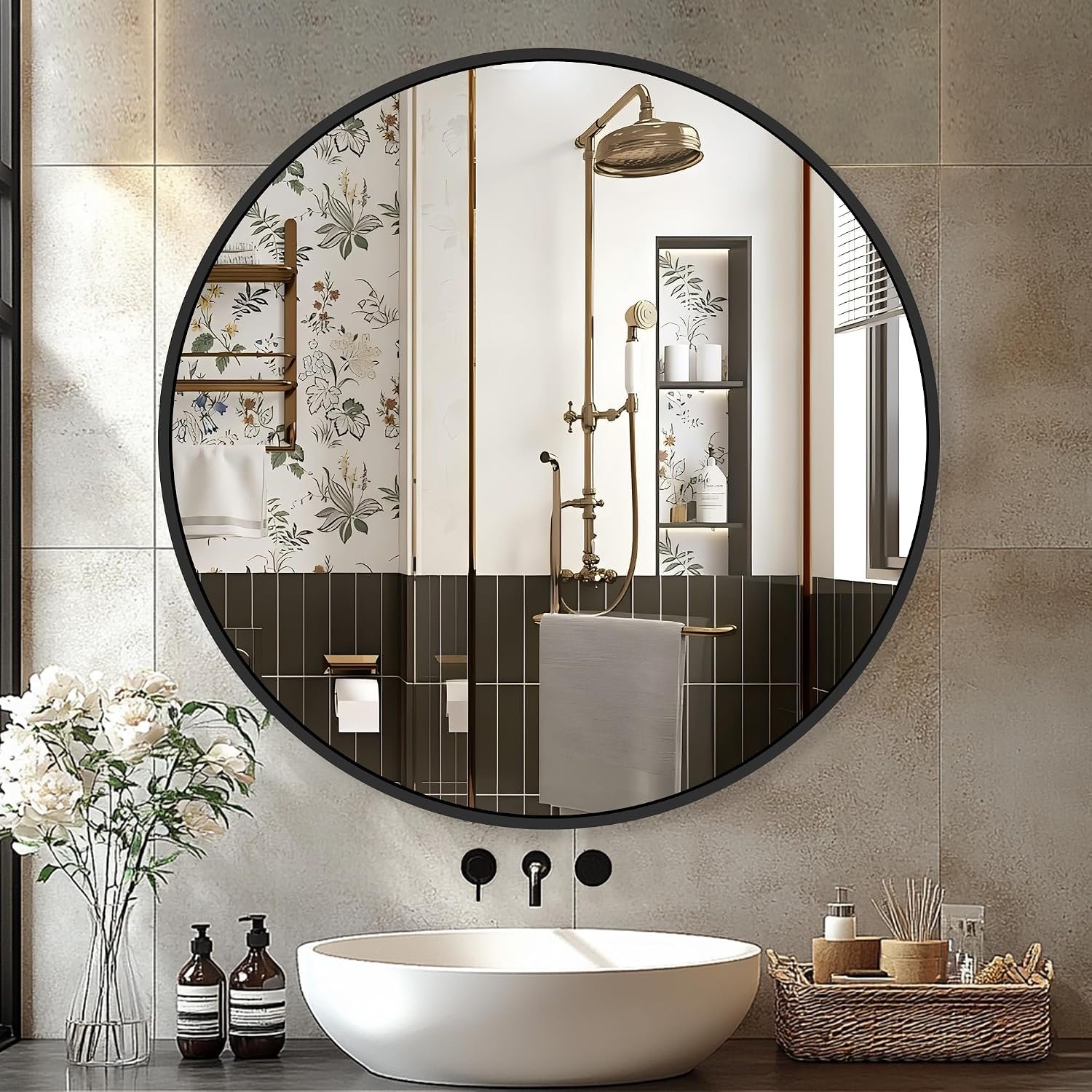 26 Inch Black Round Circle Mirror for Bathroom Wall, Metal Frame