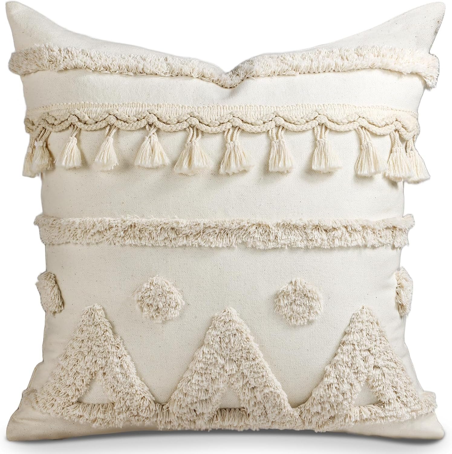 Throw Pillow Covers 18×18 – Tufted Boho Decorative Pillow Cover with Zipper for Couch Sofa Bed Living Room Aesthetic Soft Farmhouse Textured Striped Indoor Pillowcase, Cream Tassel