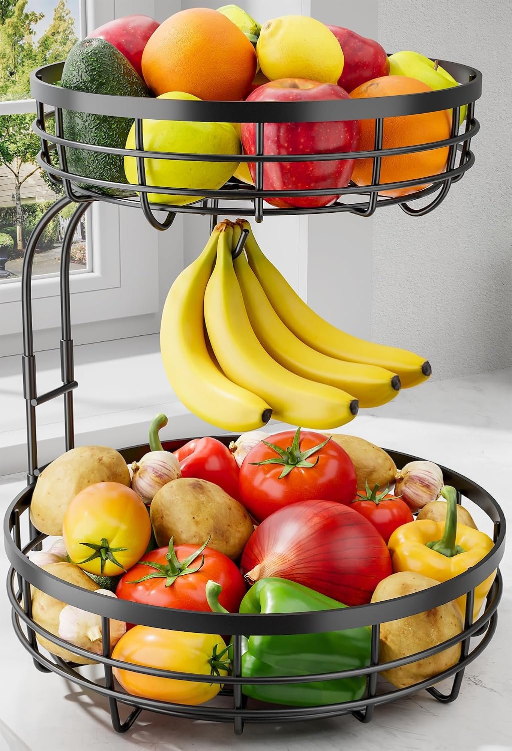 Fruit Basket for Kitchen Counter – 2-Tier Large Capacity Fruit Bowl with Detachable Banana Hanger, Rust-Proof Metal Fruit Holder for Vegetables, Bread, Toiletry,10″ D x 10″ W x 14″ H, Black