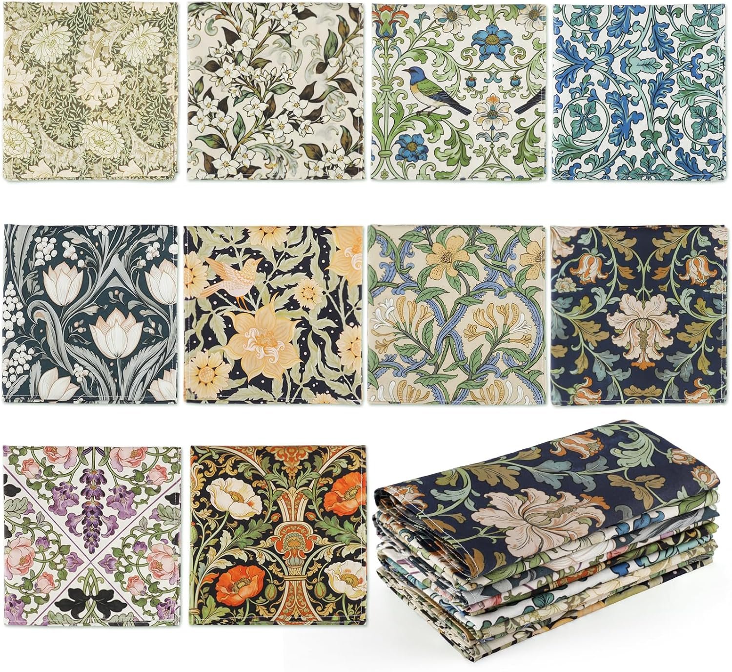 10 Pcs Morris Cotton Cloth Napkins, 40 x 40 cm Floral Fabric Napkins