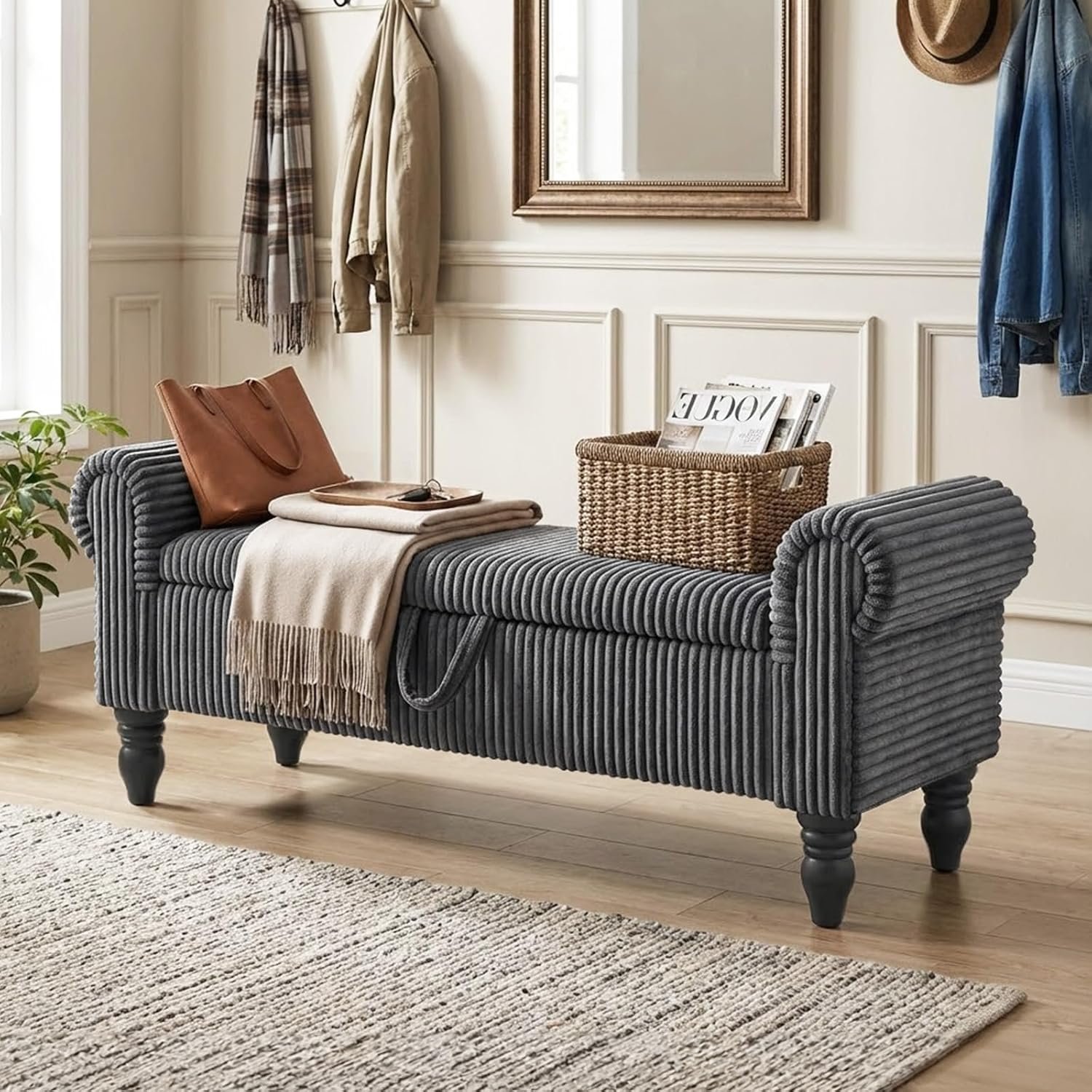 55″ Storage Ottoman Bench, Corduroy End of Bed Bench for Bedroom, Dark Grey