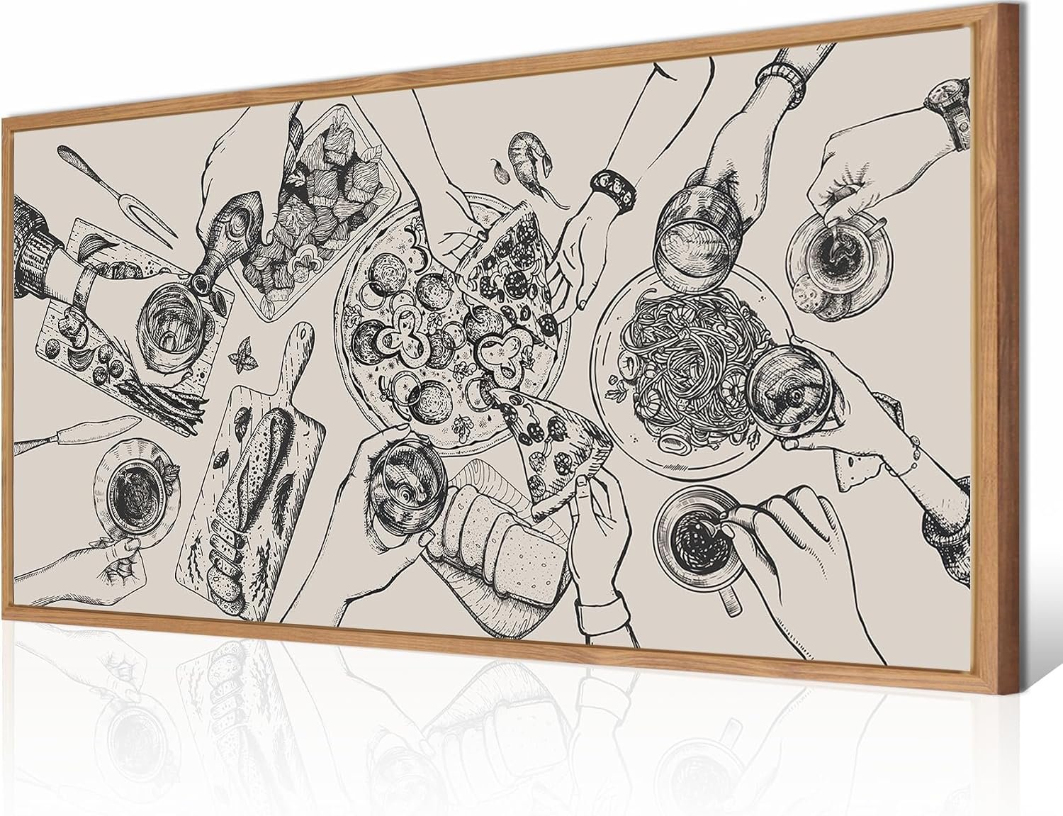 BINCUE Large Framed Wall Art Funny Kitchen Art Food and Drink Canvas Wall Decor Pizza Cheers Sketch Painting Black and White Pictures for Kitchen Dining Room Restaurant Used for Gatherings Decor