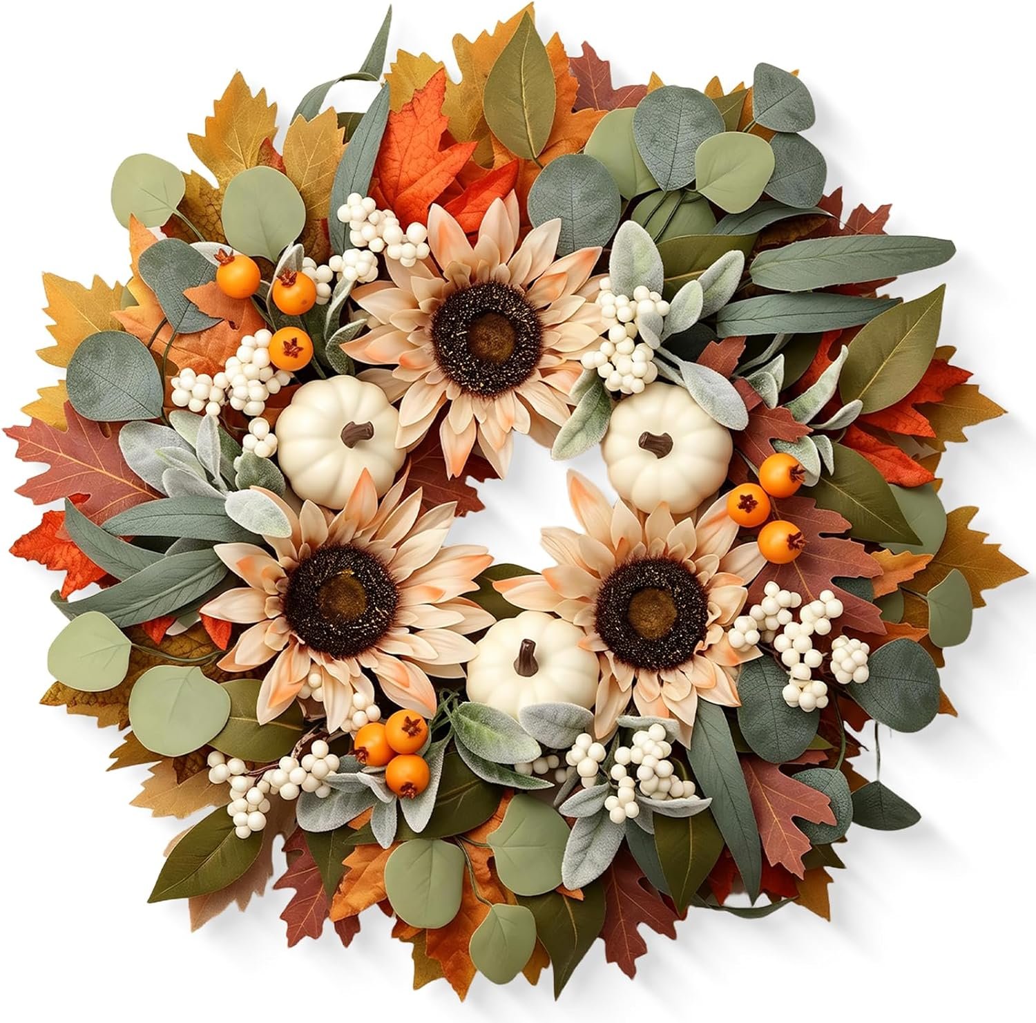 zjlmit 22″ Fall Wreaths for Front Door with Pumpkin Sunflower Maple Leaf