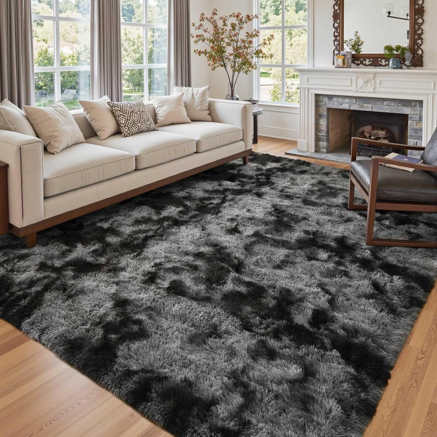 6×9 Ft Large Shag Rugs for Living Room Decor, Tie-Dyed Ultra Soft Fluffy Furry Area Rugs for Bedroom Indoor Floor, Aesthetic Carpet for Kids Home (Dark Grey)