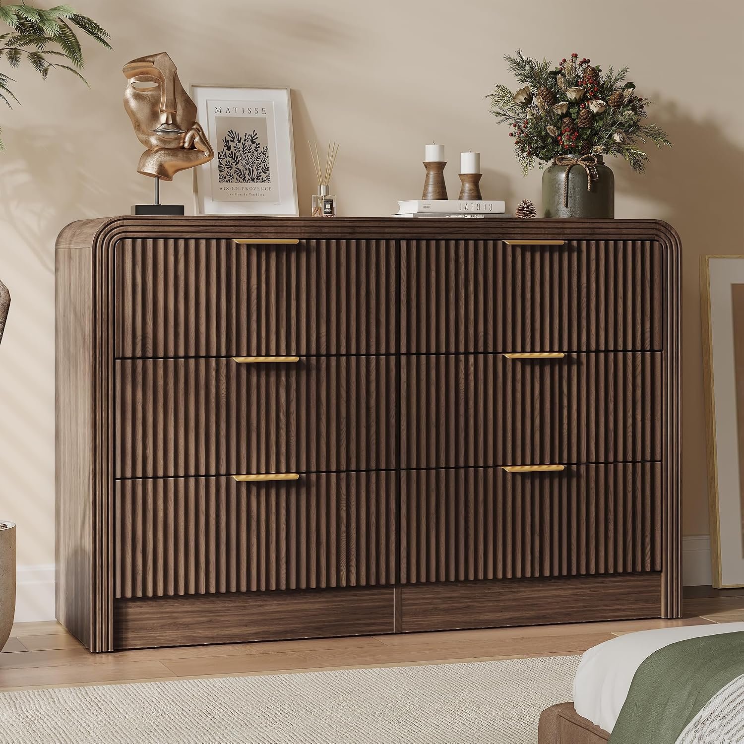 Decofy 47″ W Fluted 6-Drawer Dresser for Bedroom, Walnut